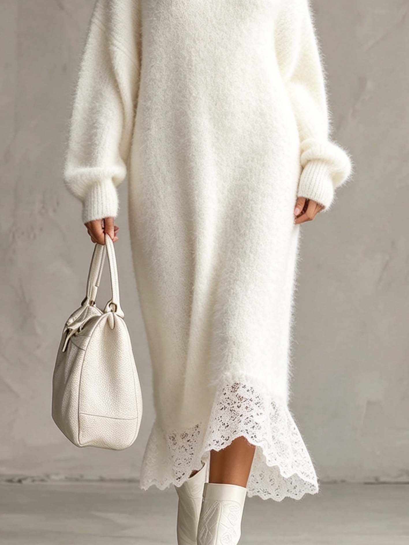 White Fuzzy Knit Maxi Dress With Half Zip Mock Neck And Lace Hem