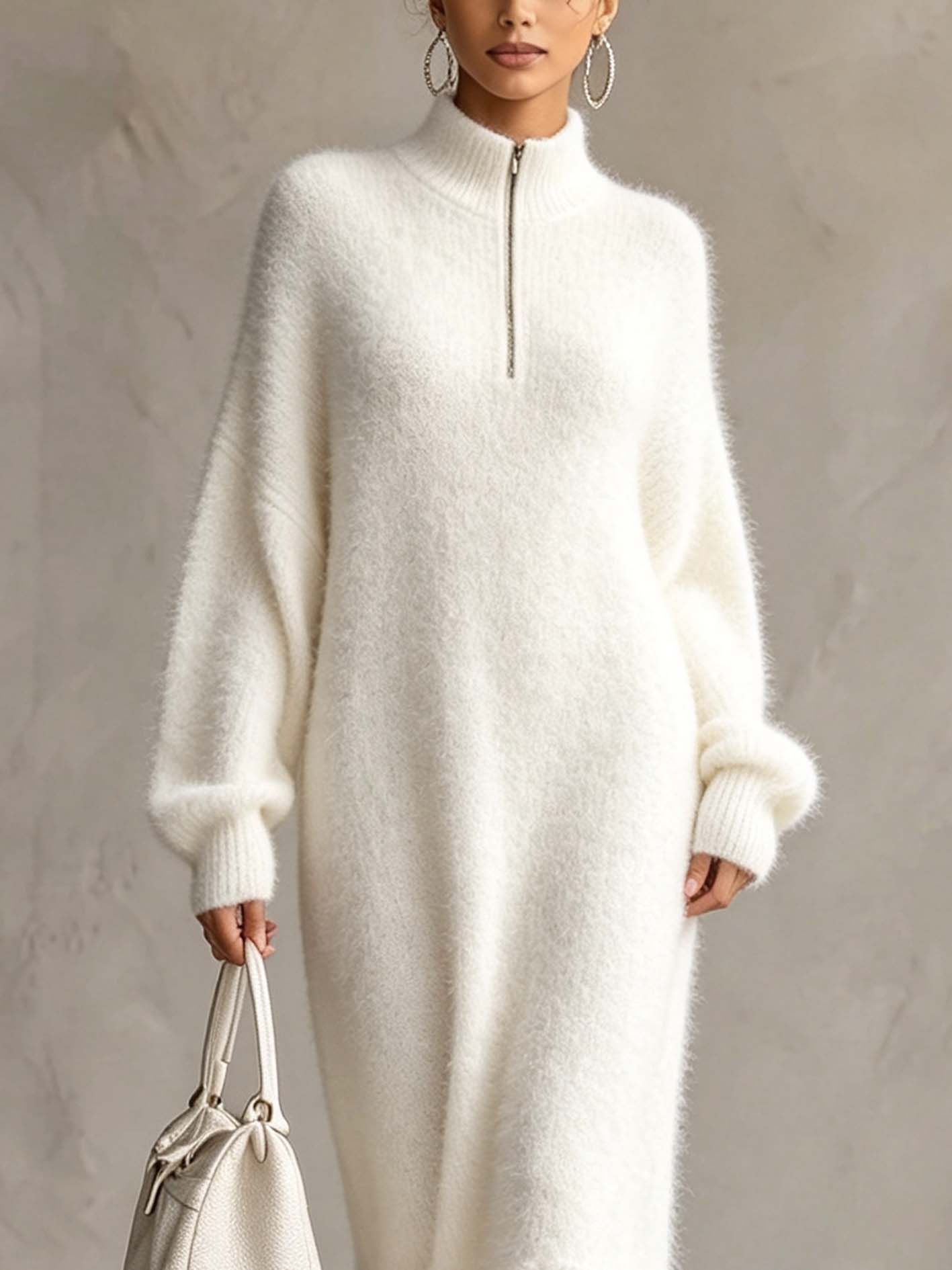 White Fuzzy Knit Maxi Dress With Half Zip Mock Neck And Lace Hem