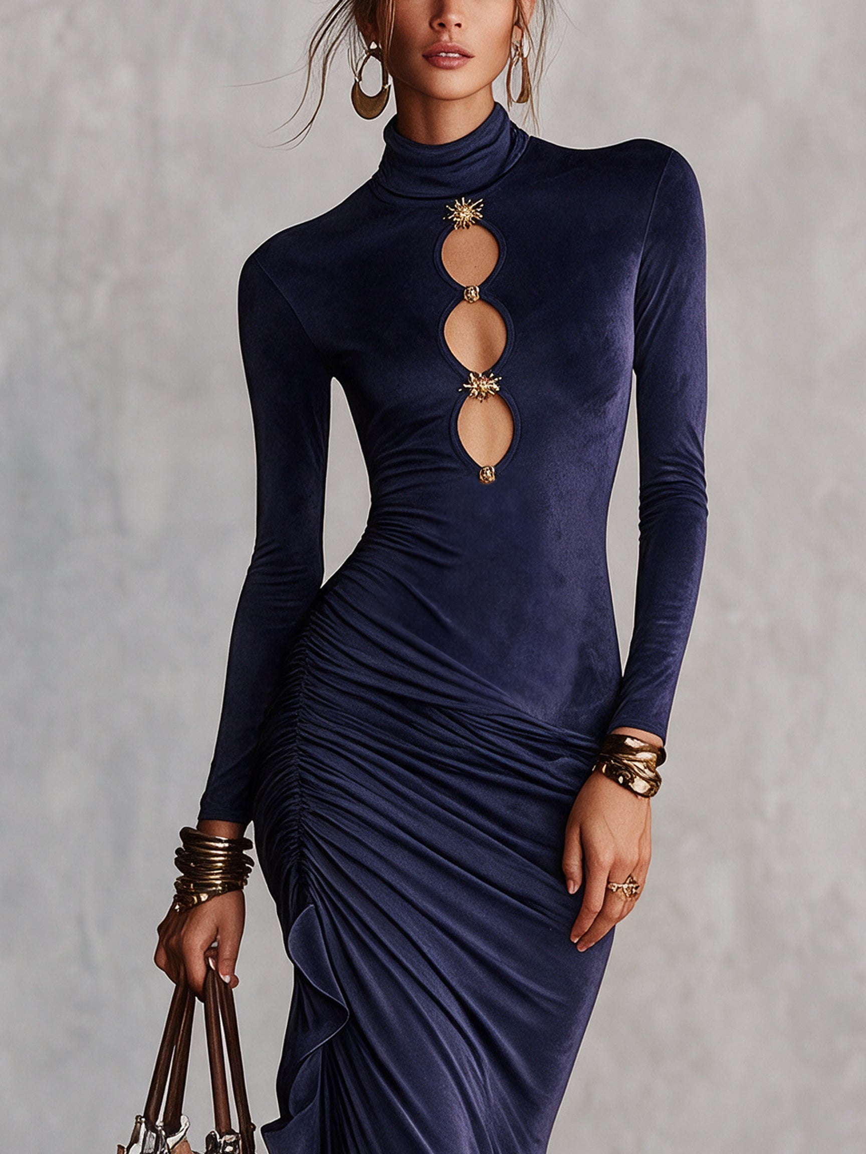 Navy Velvet Cutout Long Sleeve Maxi Dress