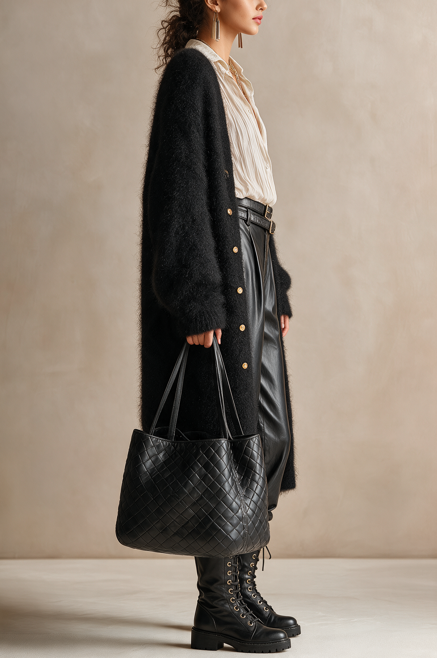 Black Fuzzy Mohair‑Blend Long Button‑Front Cardigan