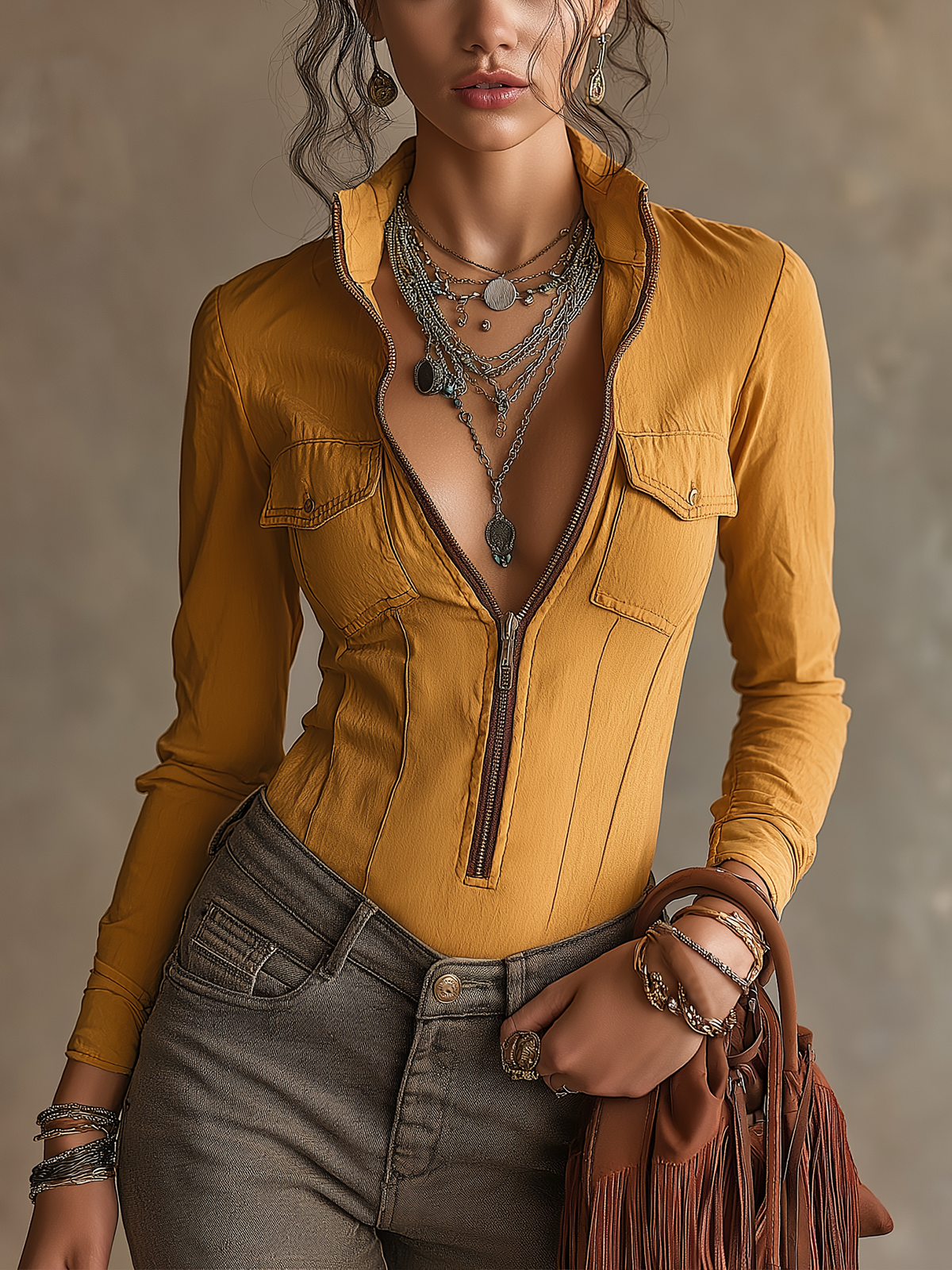 Mustard Yellow Zip‑Front Stand Collar Pocket Long‑Sleeve Top