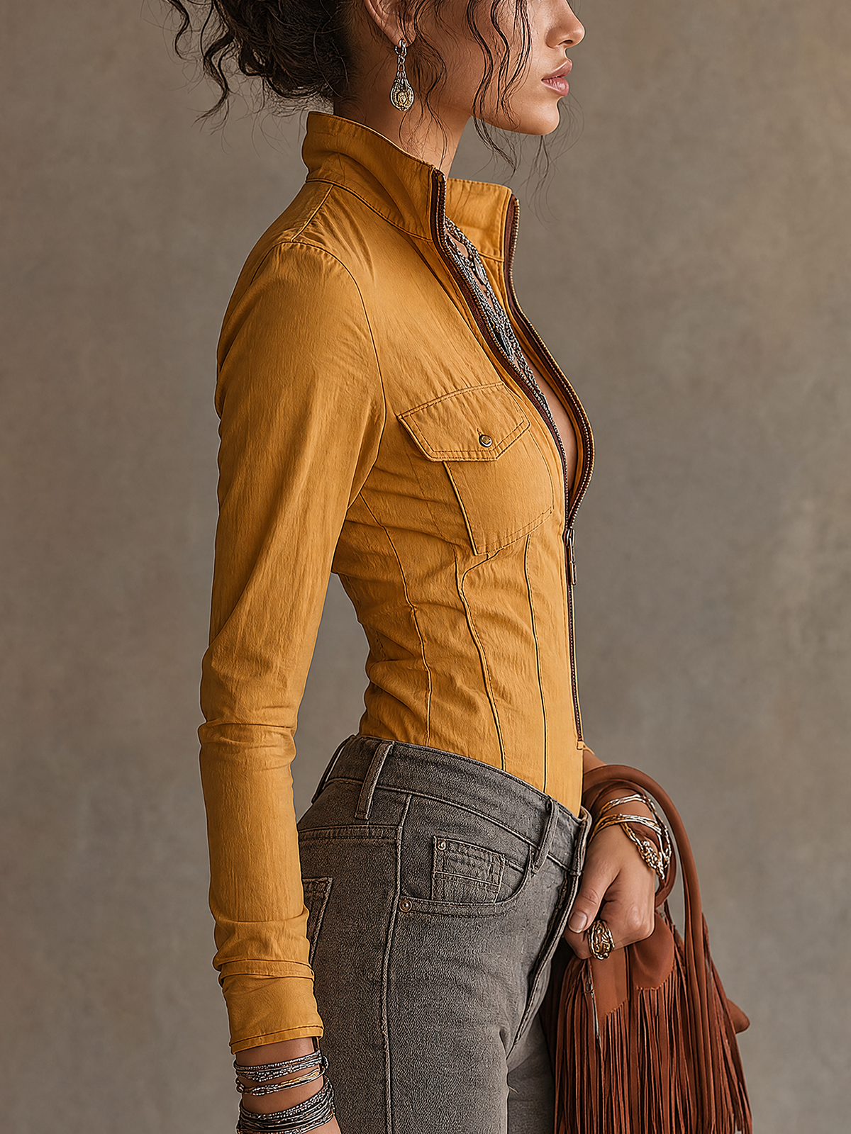 Mustard Yellow Zip‑Front Stand Collar Pocket Long‑Sleeve Top