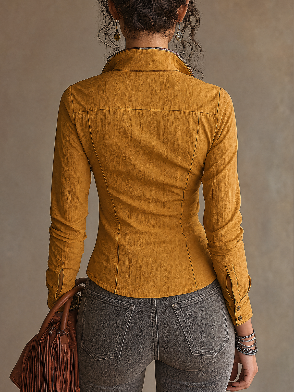 Mustard Yellow Zip‑Front Stand Collar Pocket Long‑Sleeve Top