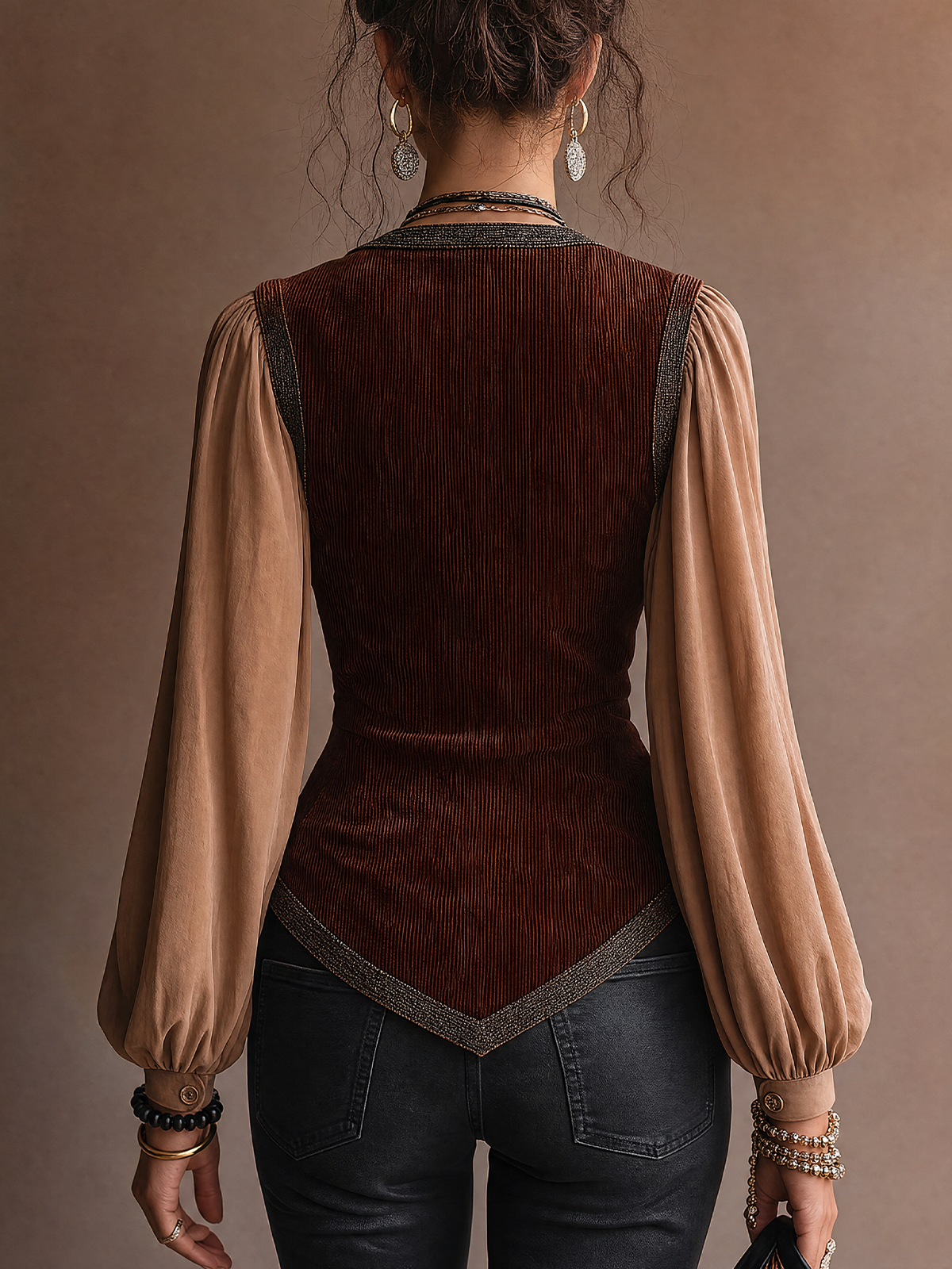 Brown Contrast Trim Vest Combined Balloon Long Sleeve Top