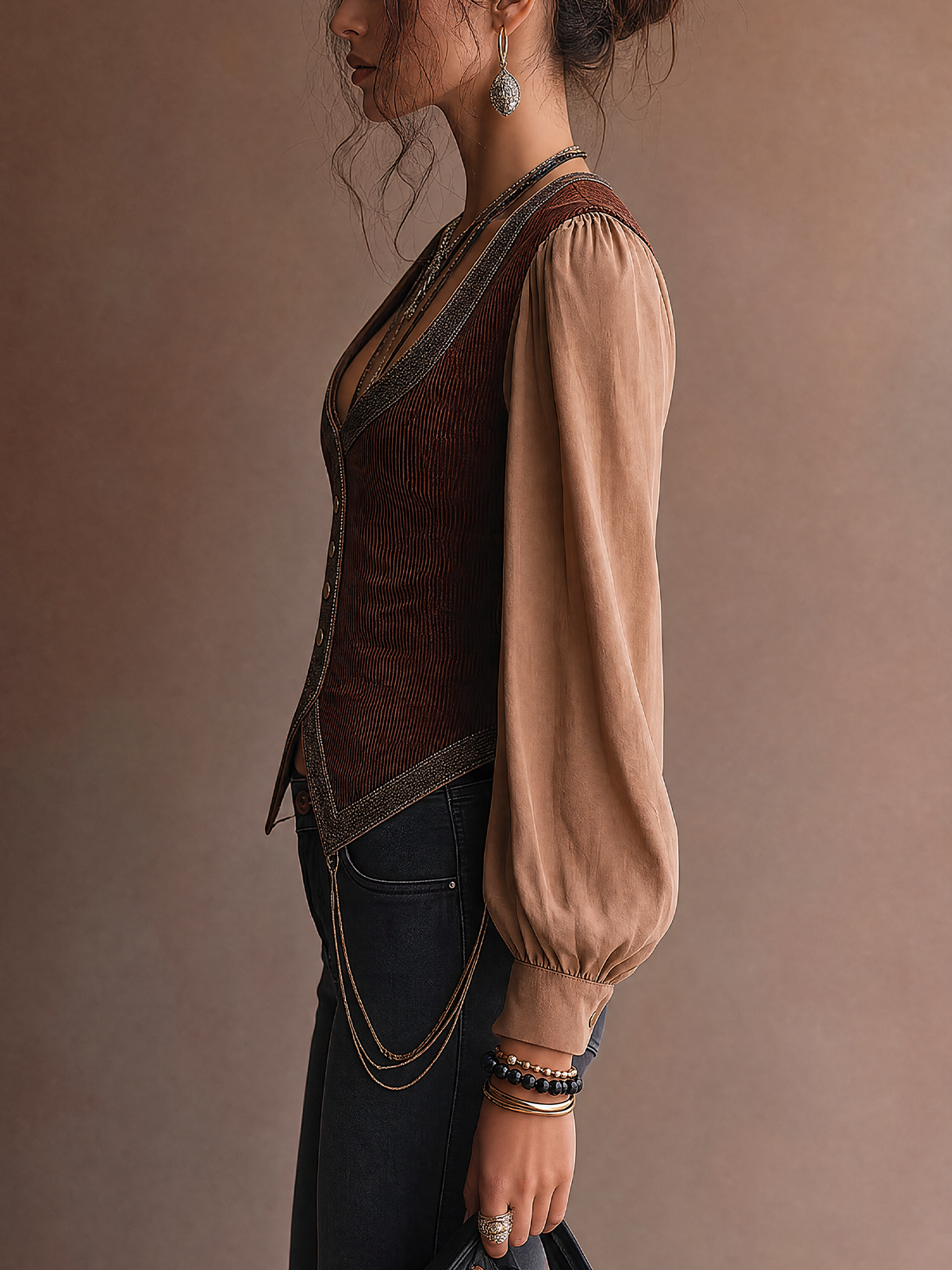 Brown Contrast Trim Vest Combined Balloon Long Sleeve Top