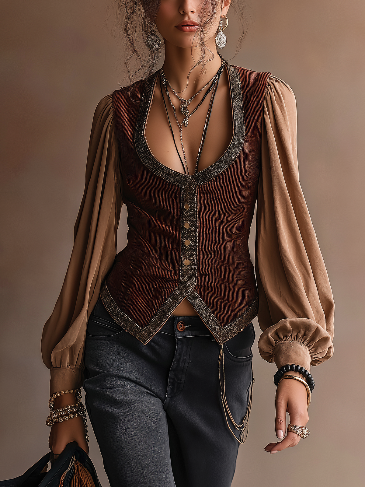 Brown Contrast Trim Vest Combined Balloon Long Sleeve Top