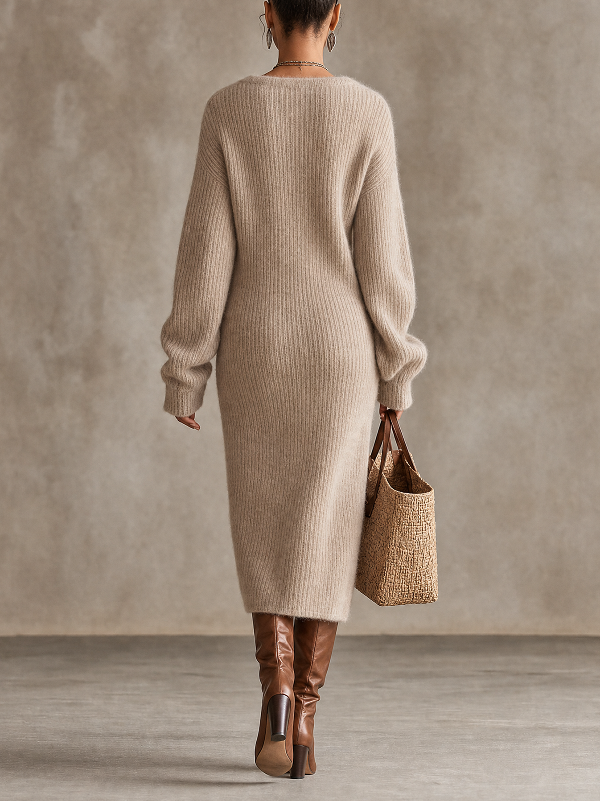 Oatmeal Ribbed Knit V‑Neck Button Front Slit Midi Sweater Dress