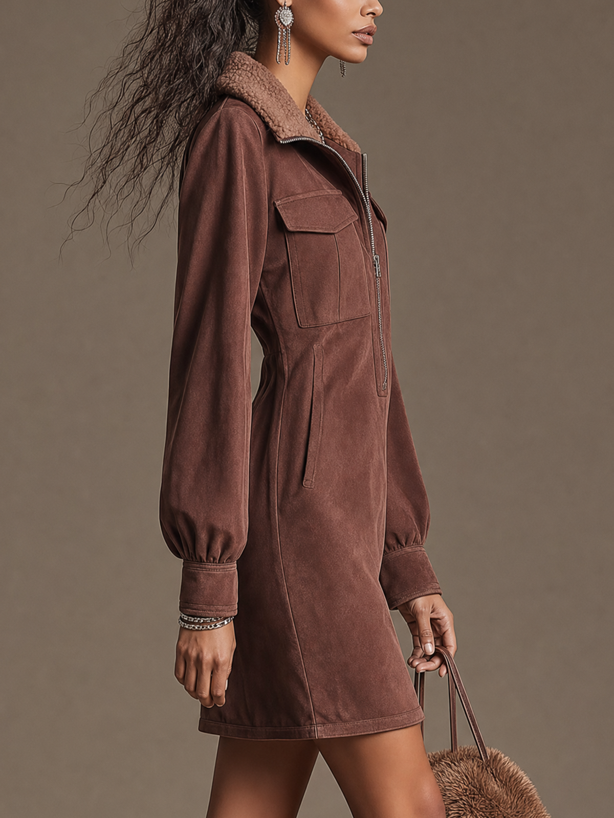 Brown Faux Suede Half‑Zip Shearling Collar Long Sleeve Mini Dress