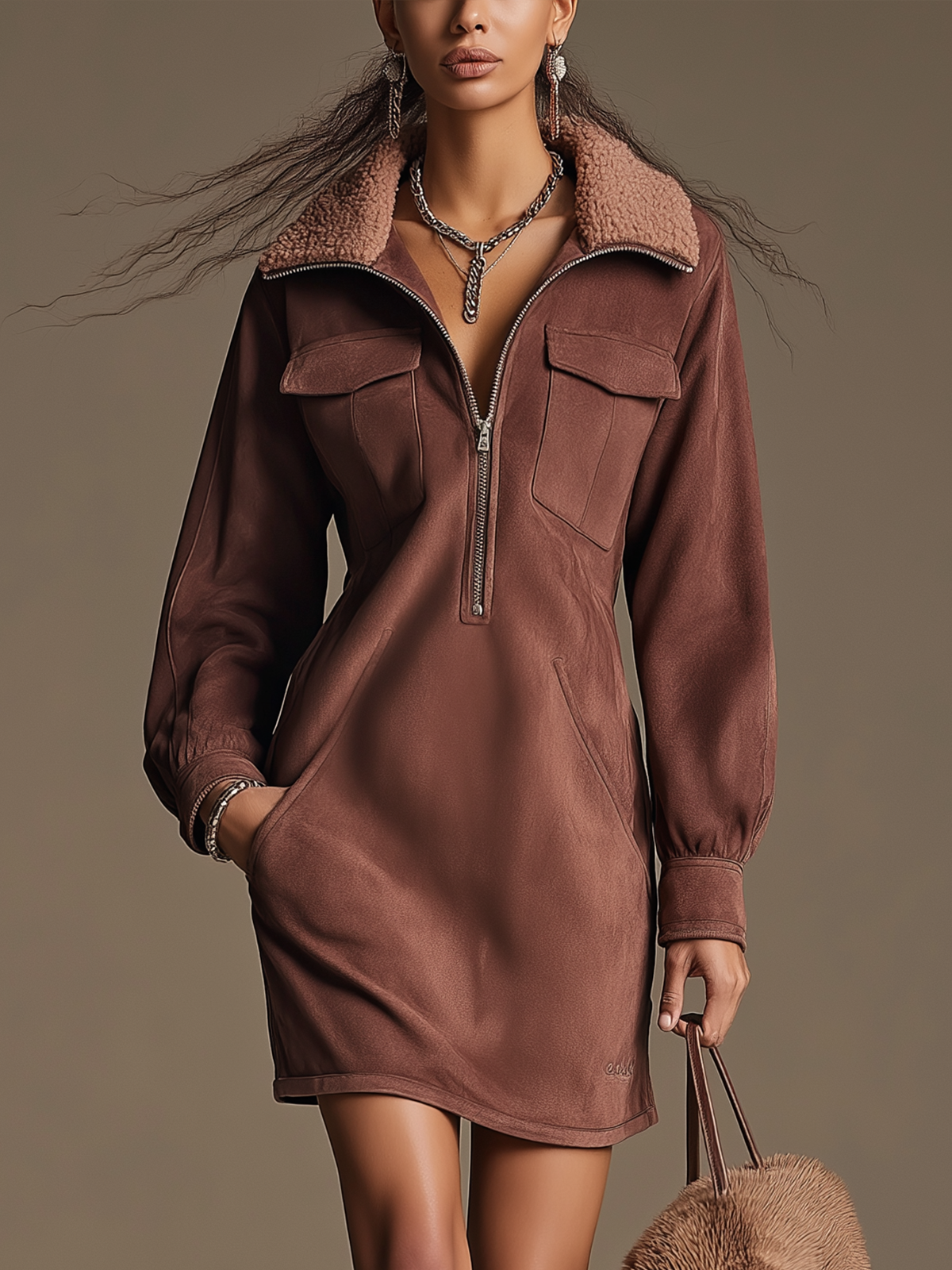 Brown Faux Suede Half‑Zip Shearling Collar Long Sleeve Mini Dress
