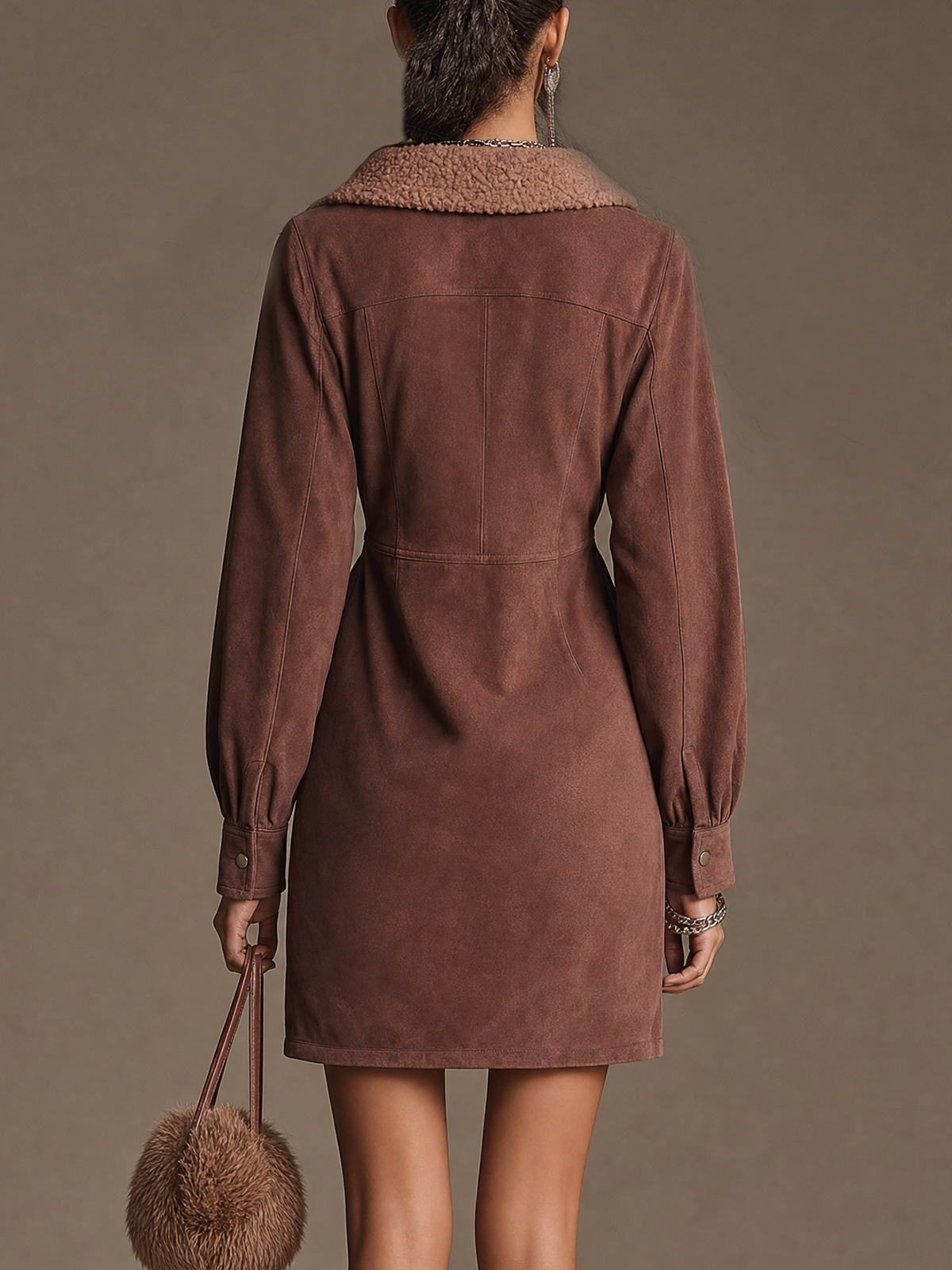 Brown Faux Suede Half‑Zip Shearling Collar Long Sleeve Mini Dress