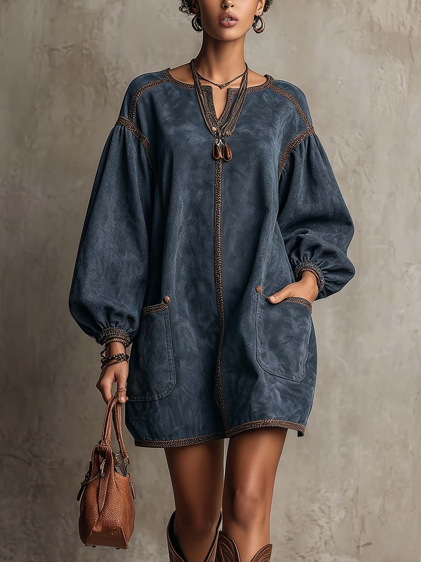 Dusty Blue Faux Suede Mini Dress With Contrast Woven Trim