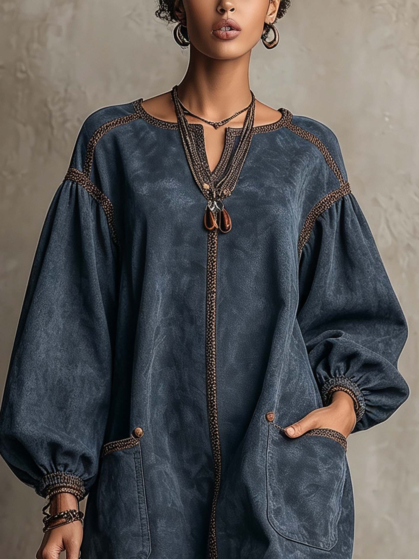 Dusty Blue Faux Suede Mini Dress With Contrast Woven Trim