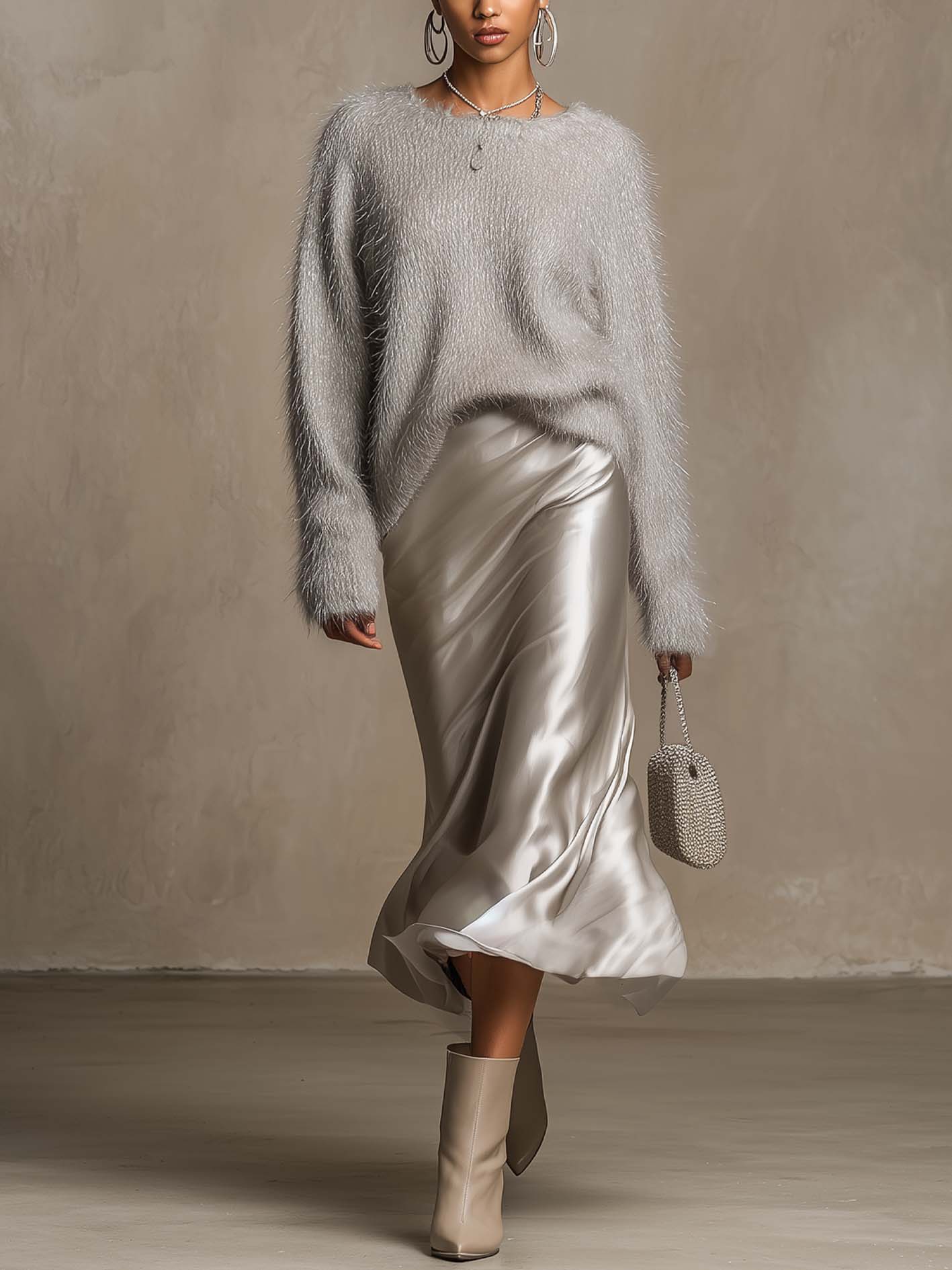 Silver Gray Fuzzy Sweater And Satin Midi Skirt Set
