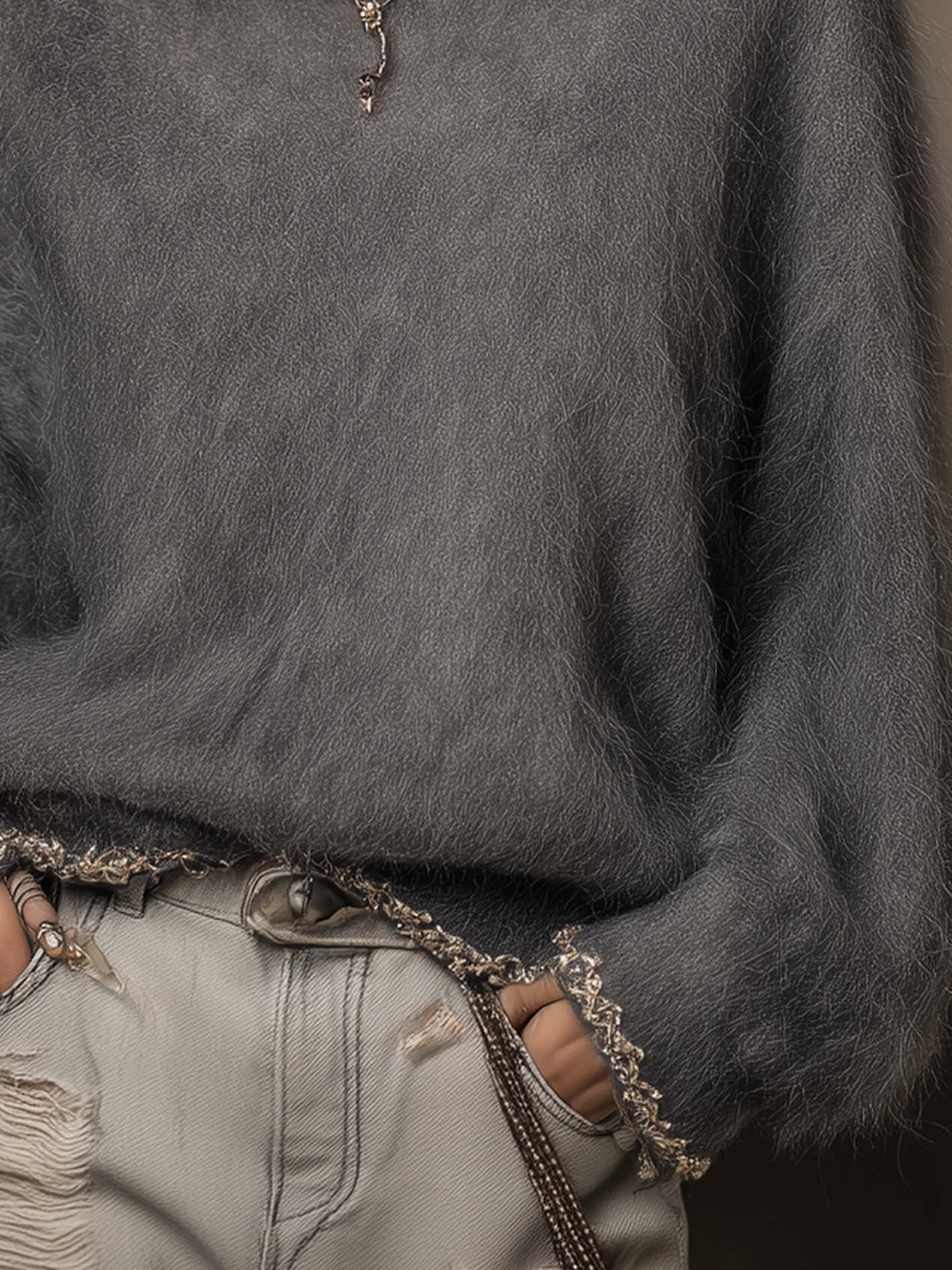Mocha Fuzzy Knit Sweater With Shimmer Trim Balloon Sleeves