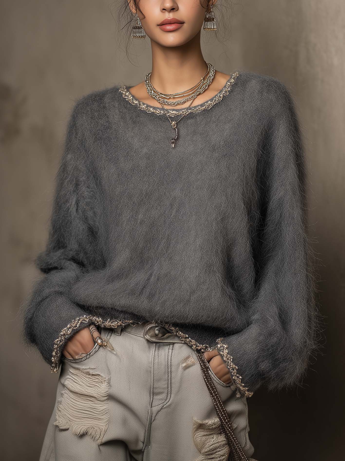Mocha Fuzzy Knit Sweater With Shimmer Trim Balloon Sleeves