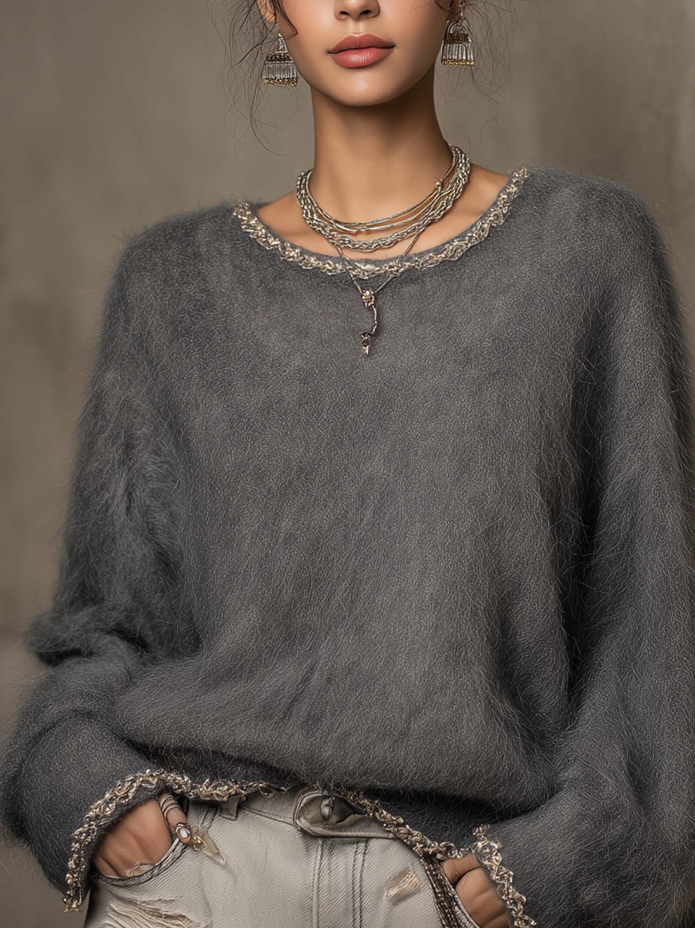 Mocha Fuzzy Knit Sweater With Shimmer Trim Balloon Sleeves
