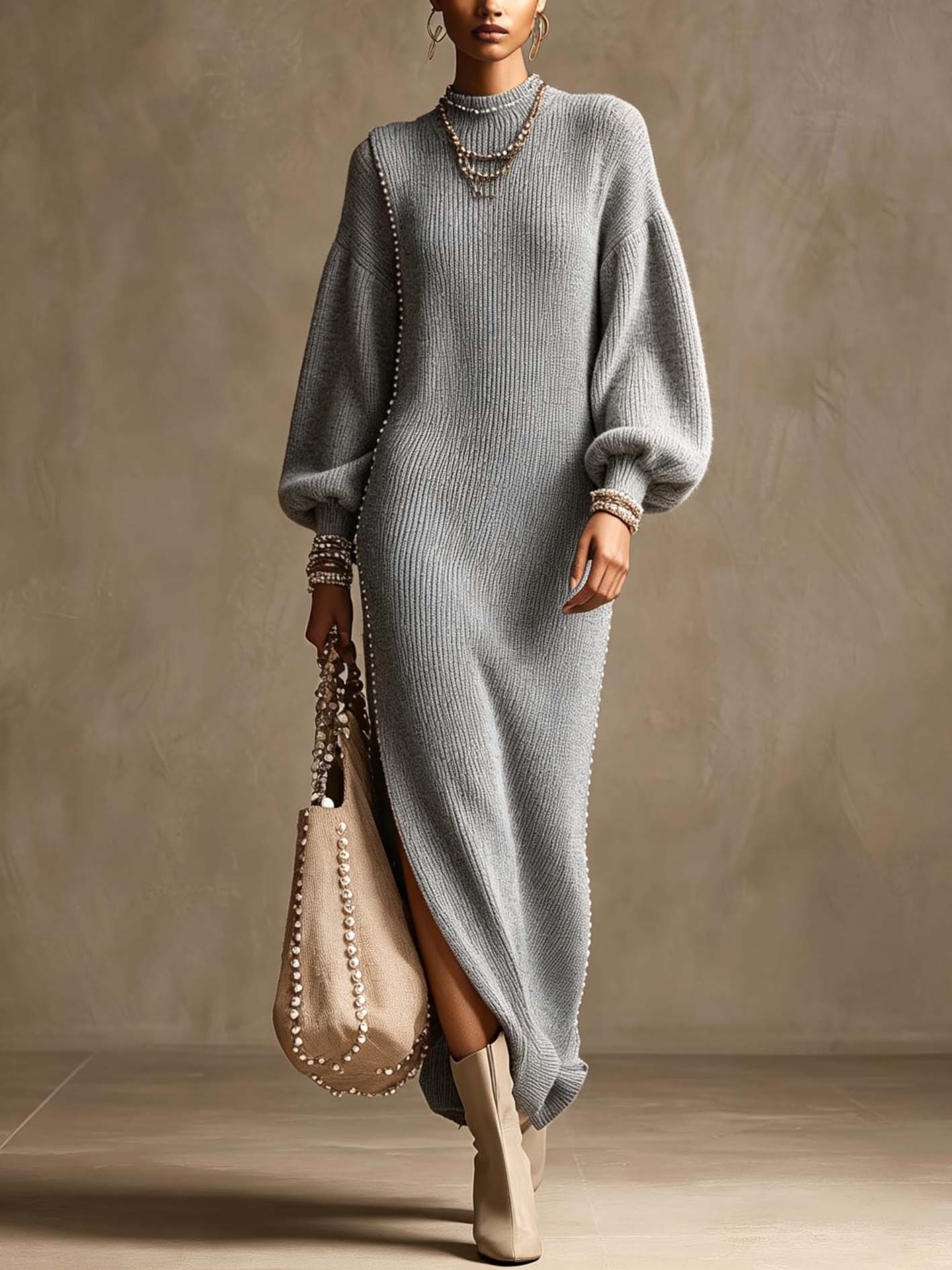 Gray Ribbed Knit Maxi Dress With Beaded Trim And Balloon Sleeves