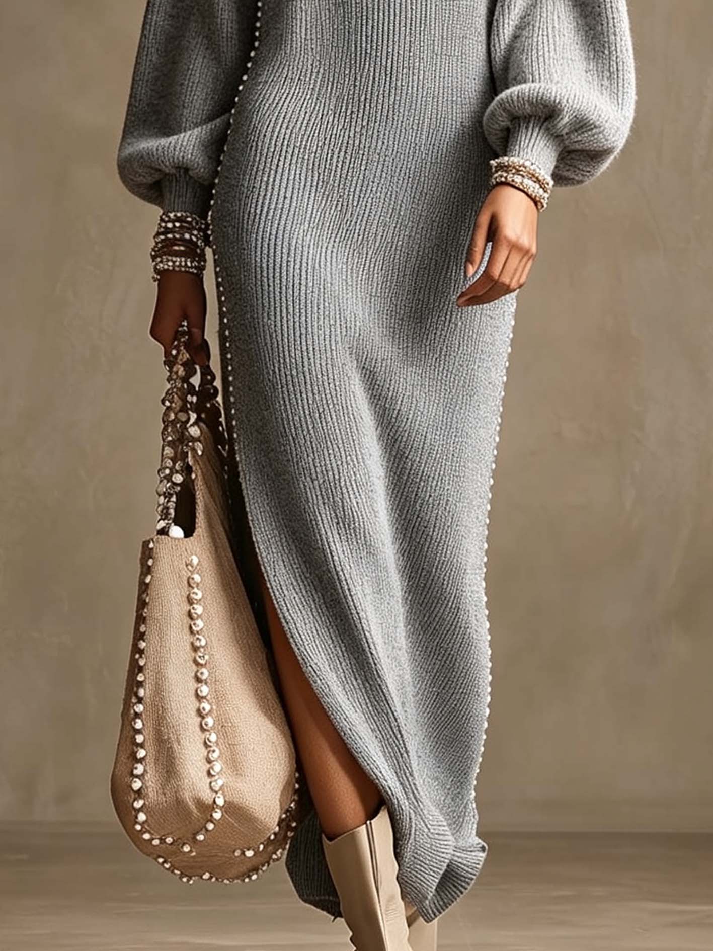 Gray Ribbed Knit Maxi Dress With Beaded Trim And Balloon Sleeves