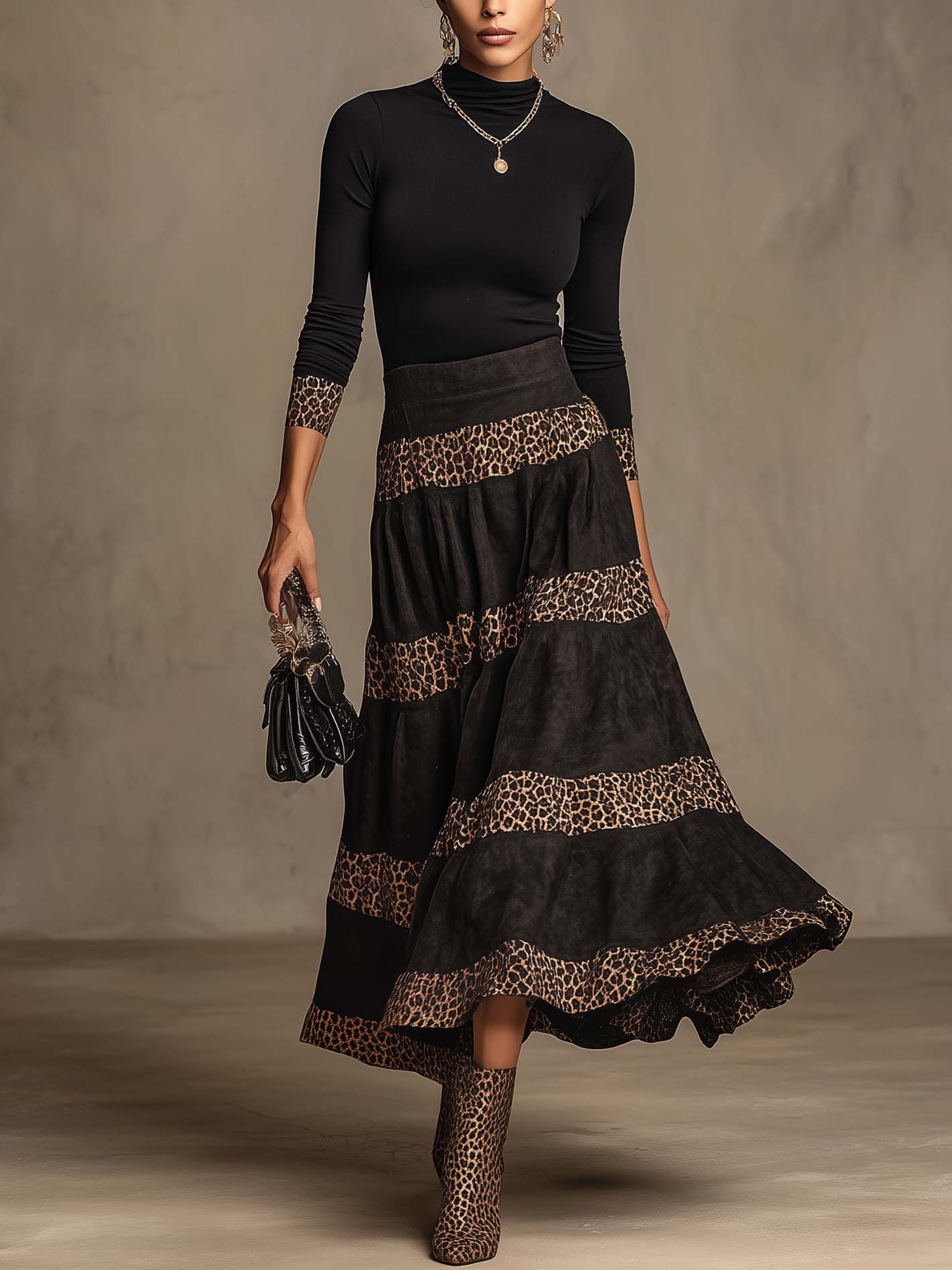 Black Fitted T-Shirt And Faux Suede Leopard Patchwork Maxi Skirt Set