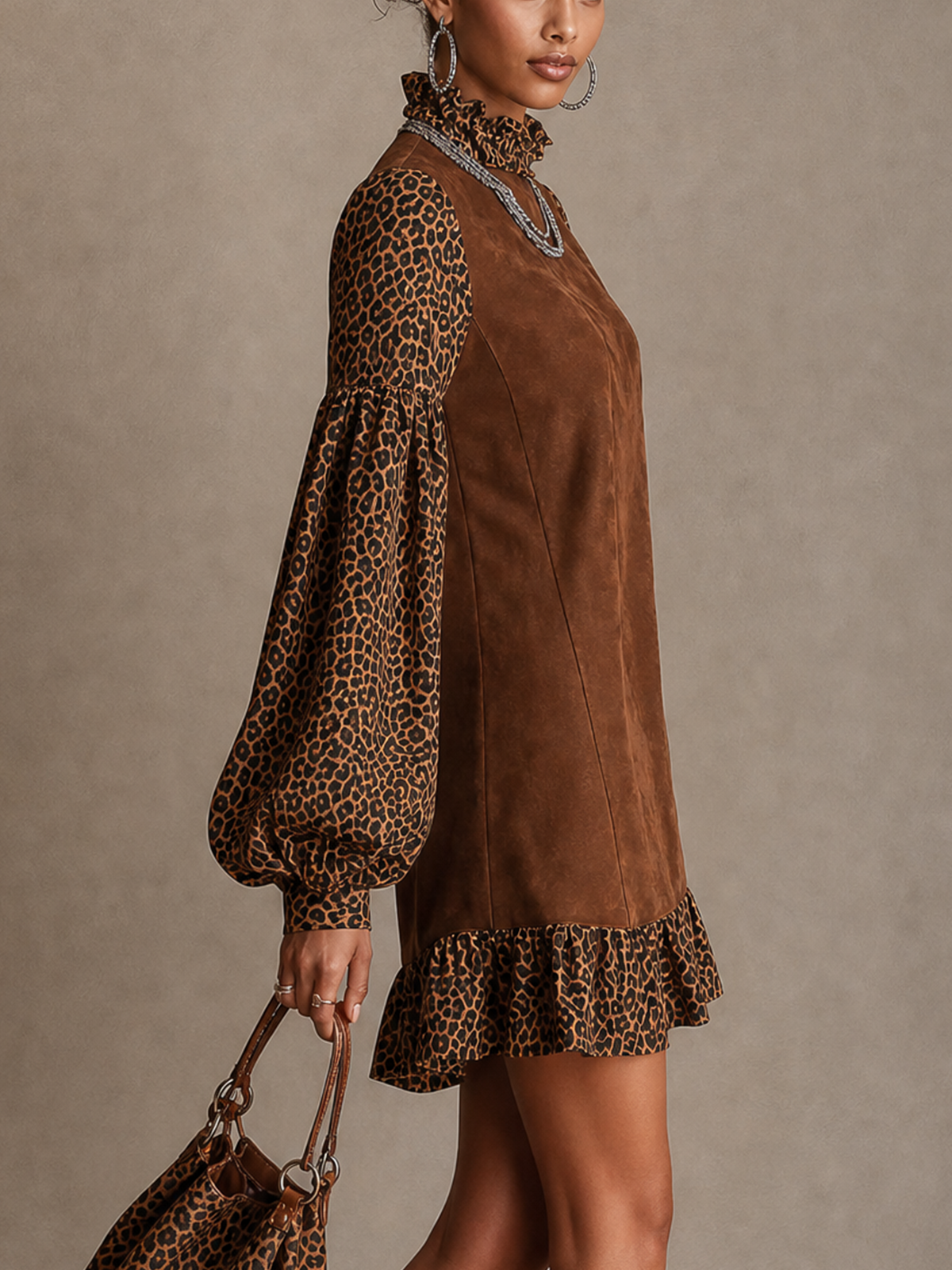 Brown Faux Suede Leopard Print Mix Puff Sleeve Ruffle Mini Dress