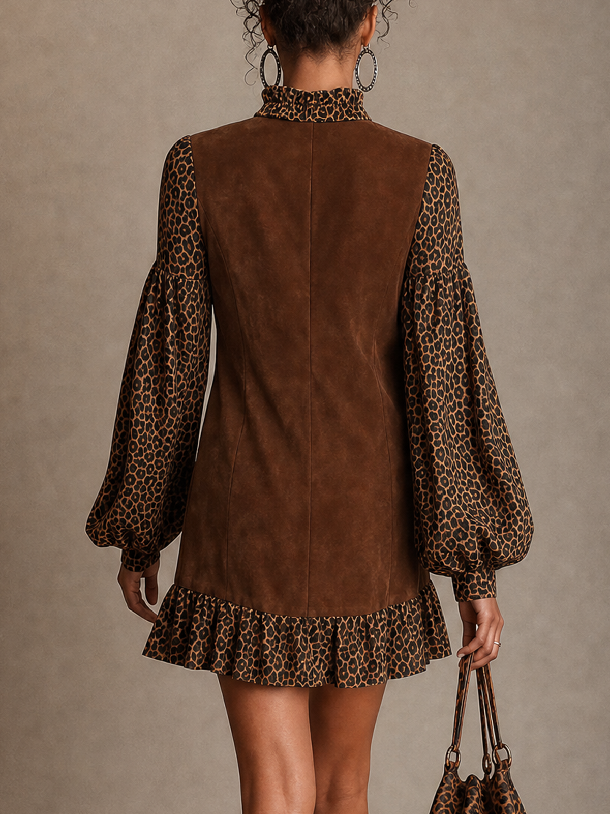 Brown Faux Suede Leopard Print Mix Puff Sleeve Ruffle Mini Dress
