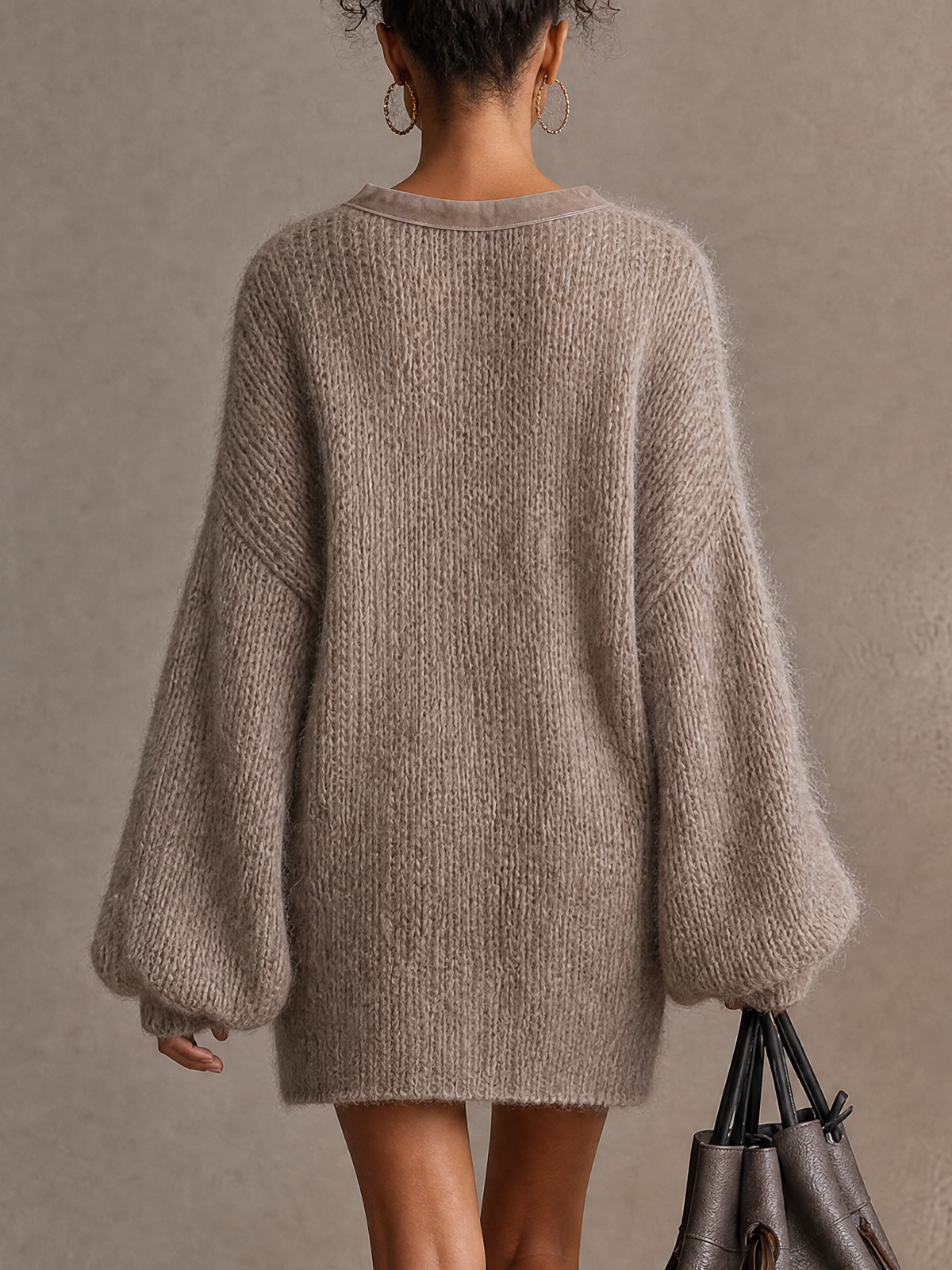 Taupe Chunky Knit Organza Bow V‑Neck Oversized Mini Sweater Dress