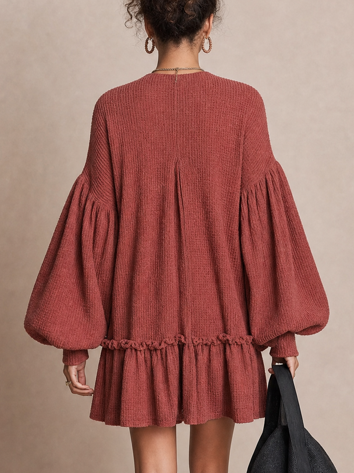 Rust Waffle Knit V‑Neck Balloon Sleeve Ruffle Tiered Mini Dress