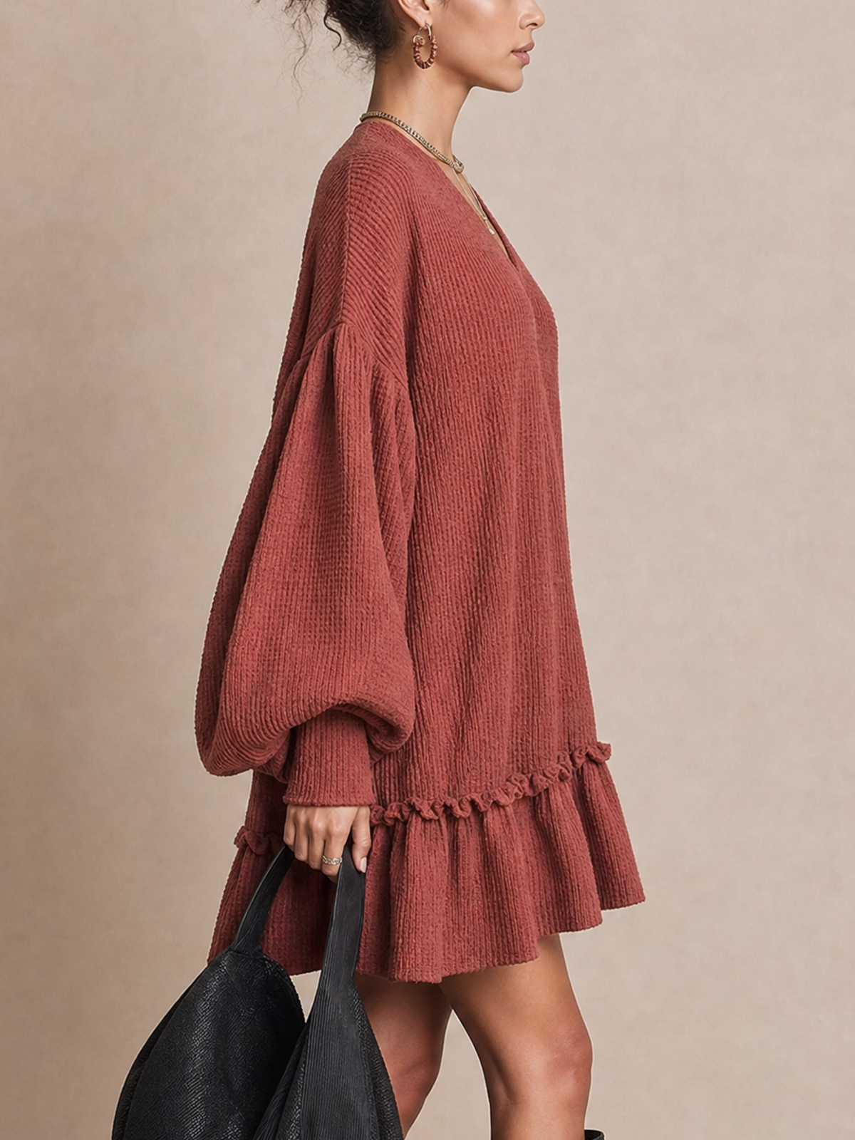 Rust Waffle Knit V‑Neck Balloon Sleeve Ruffle Tiered Mini Dress