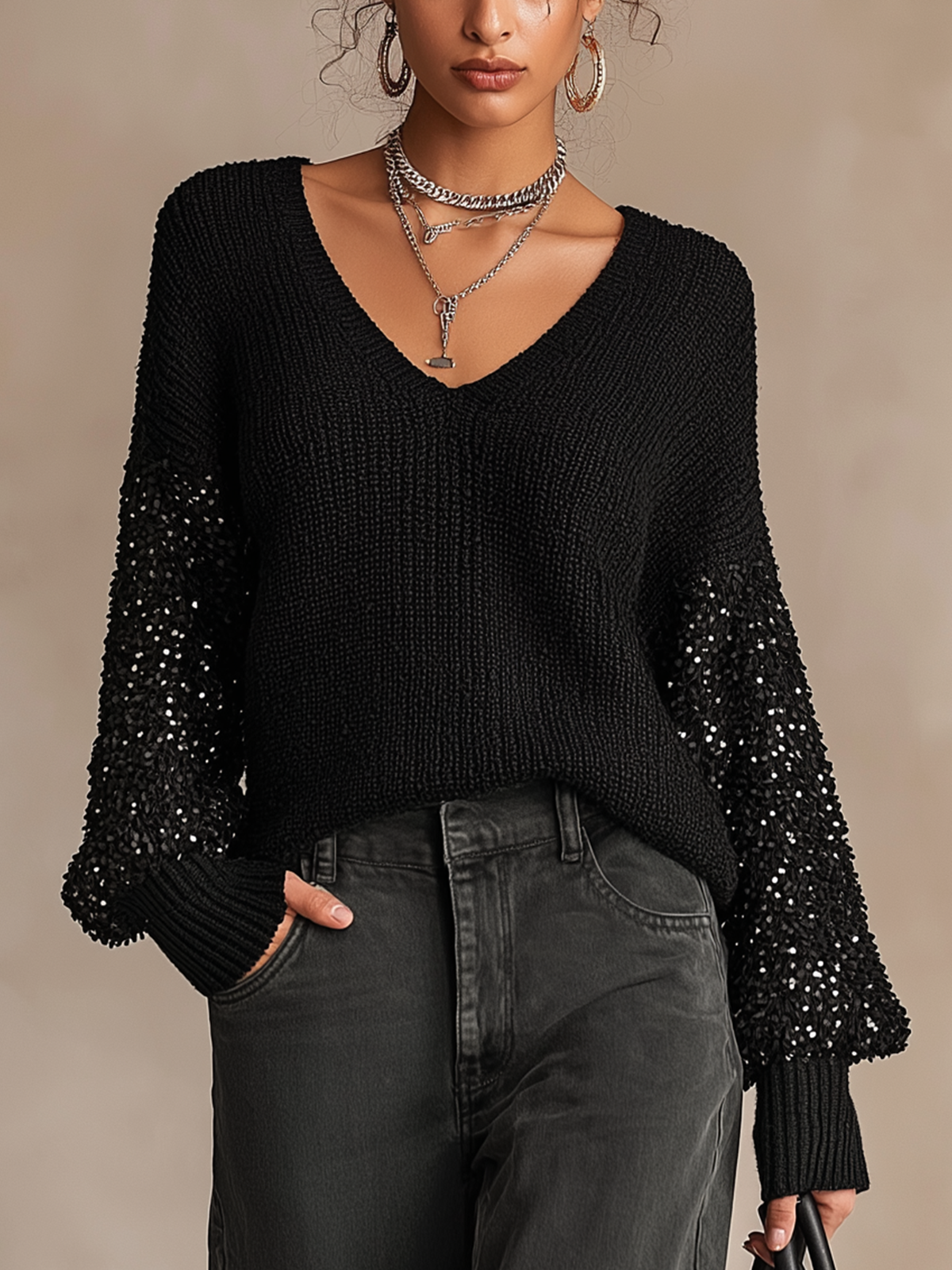 Black V‑Neck Sequin Spliced Balloon Sleeve Knit Top