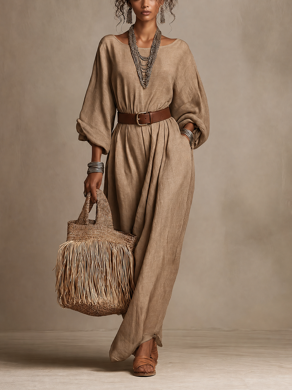 Khaki Linen Boat Neck Belted Dolman Sleeve Maxi Dress
