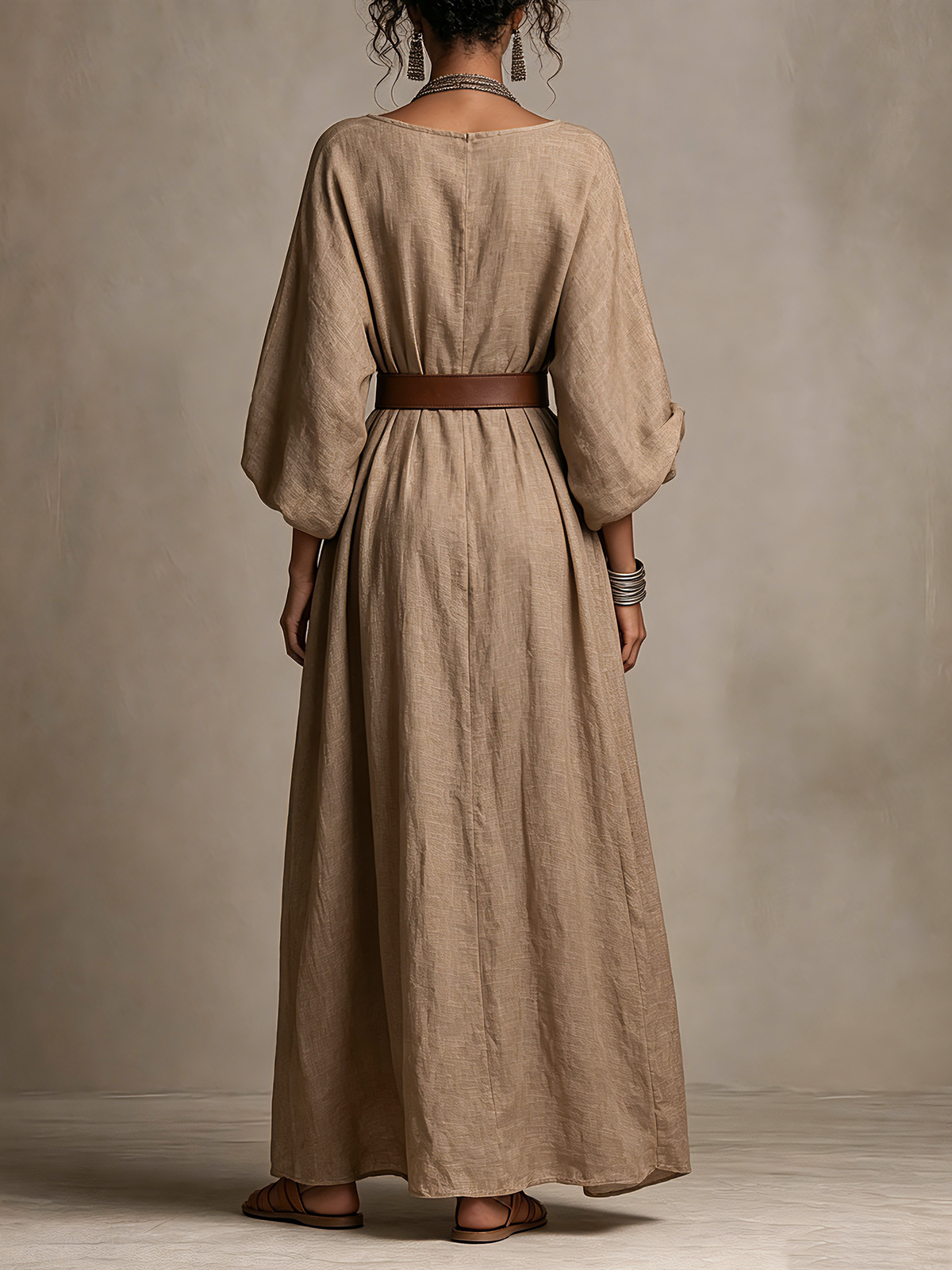Khaki Linen Boat Neck Belted Dolman Sleeve Maxi Dress