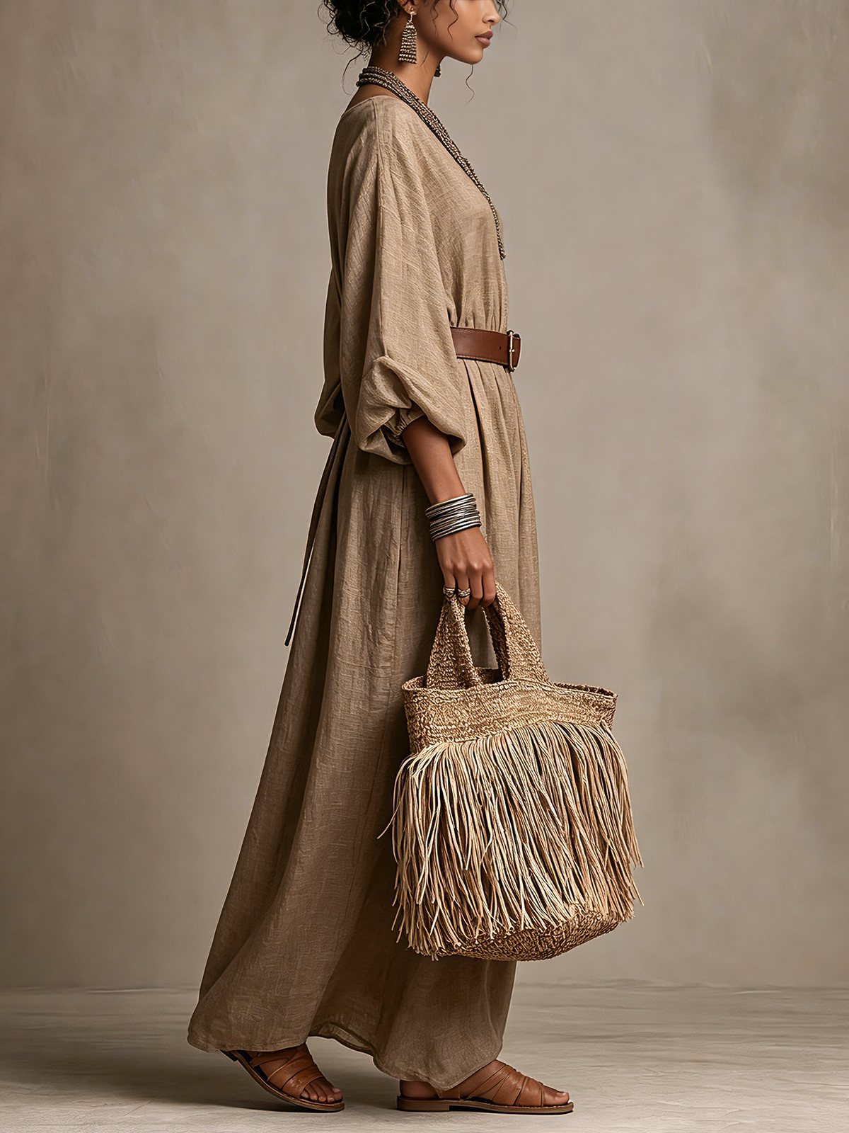 Khaki Linen Boat Neck Belted Dolman Sleeve Maxi Dress