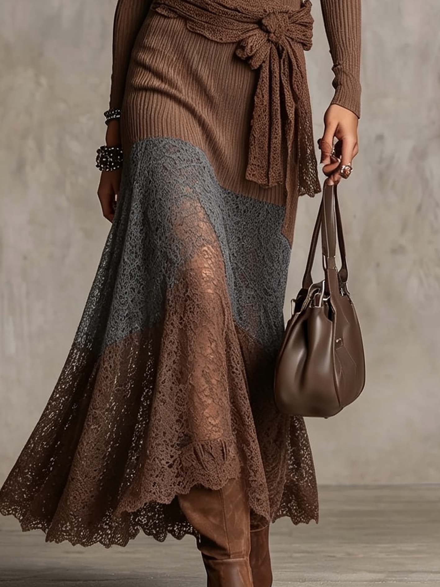 Mocha Brown Ribbed Knit Maxi Dress With Sheer Lace Patchwork Hem
