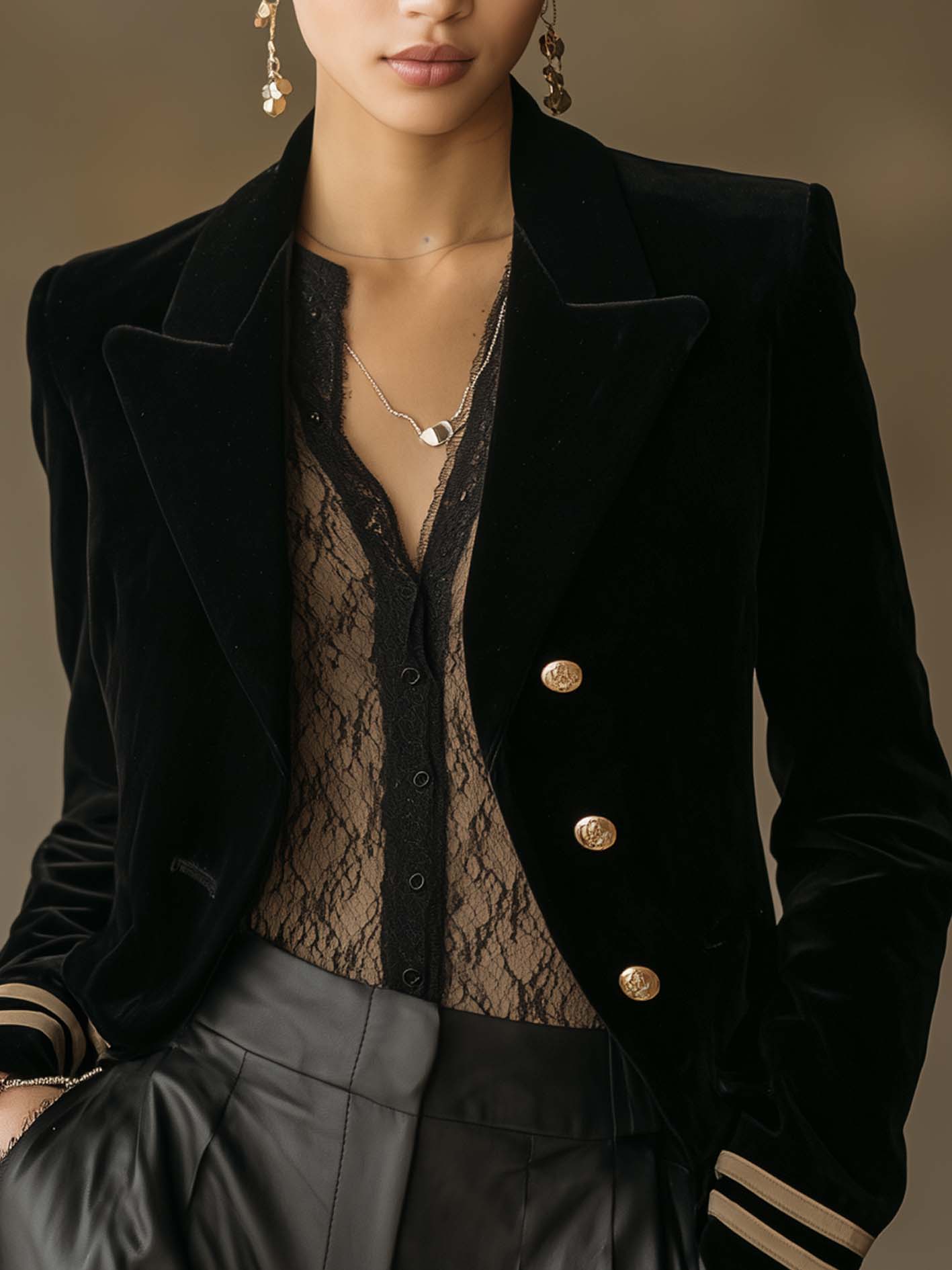 Black Velvet Double-Breasted Blazer With Gold Buttons And Contrast Cuff Trim
