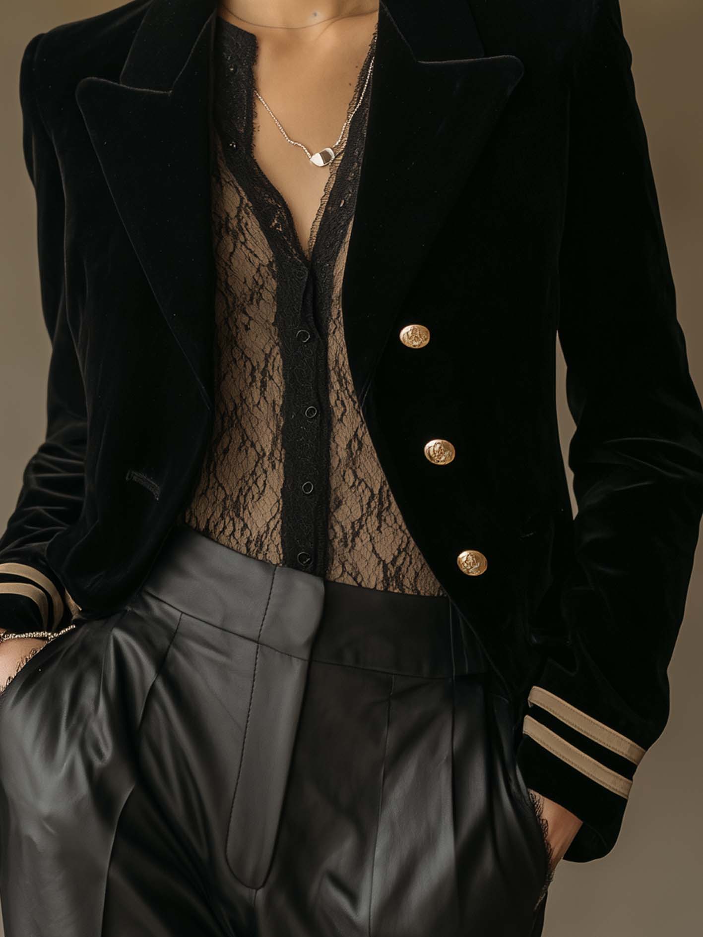 Black Velvet Double-Breasted Blazer With Gold Buttons And Contrast Cuff Trim