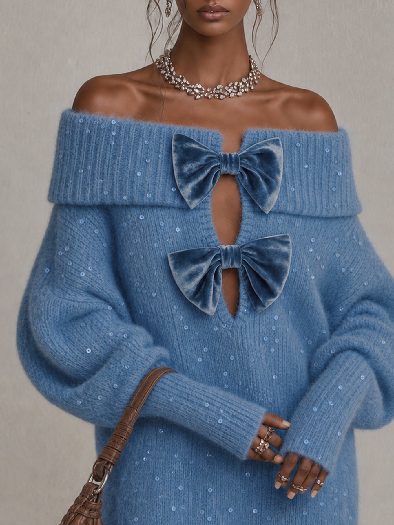 Blue Sequin Off Shoulder Bow Knit Mini Dress