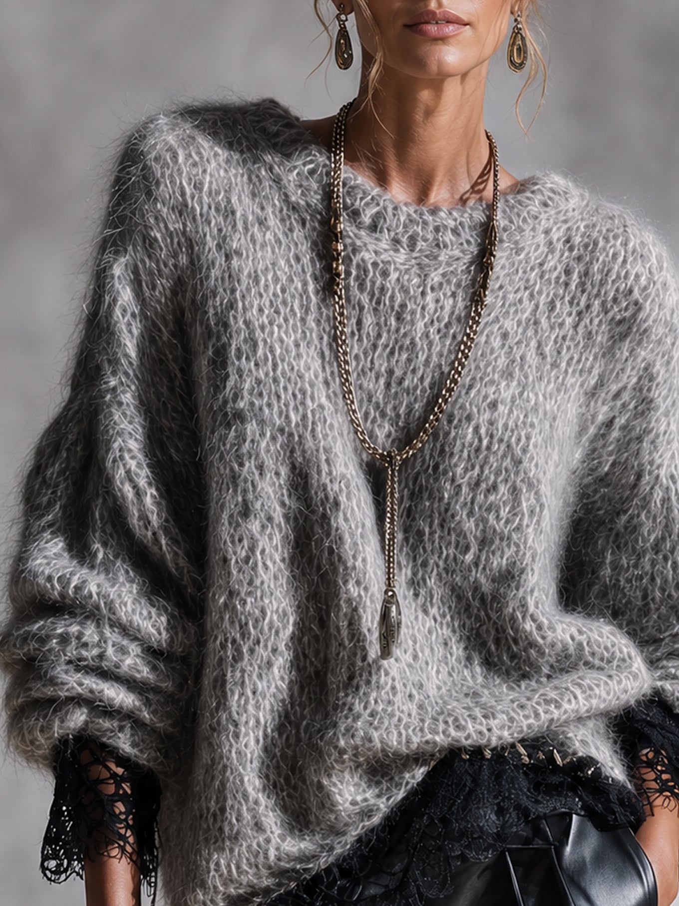 Gray Mohair Lace Trim Sweater