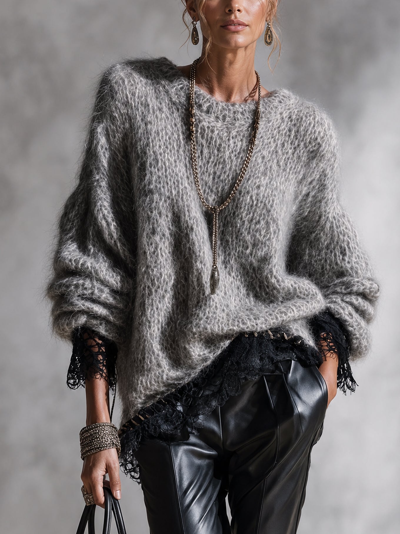 Gray Mohair Lace Trim Sweater