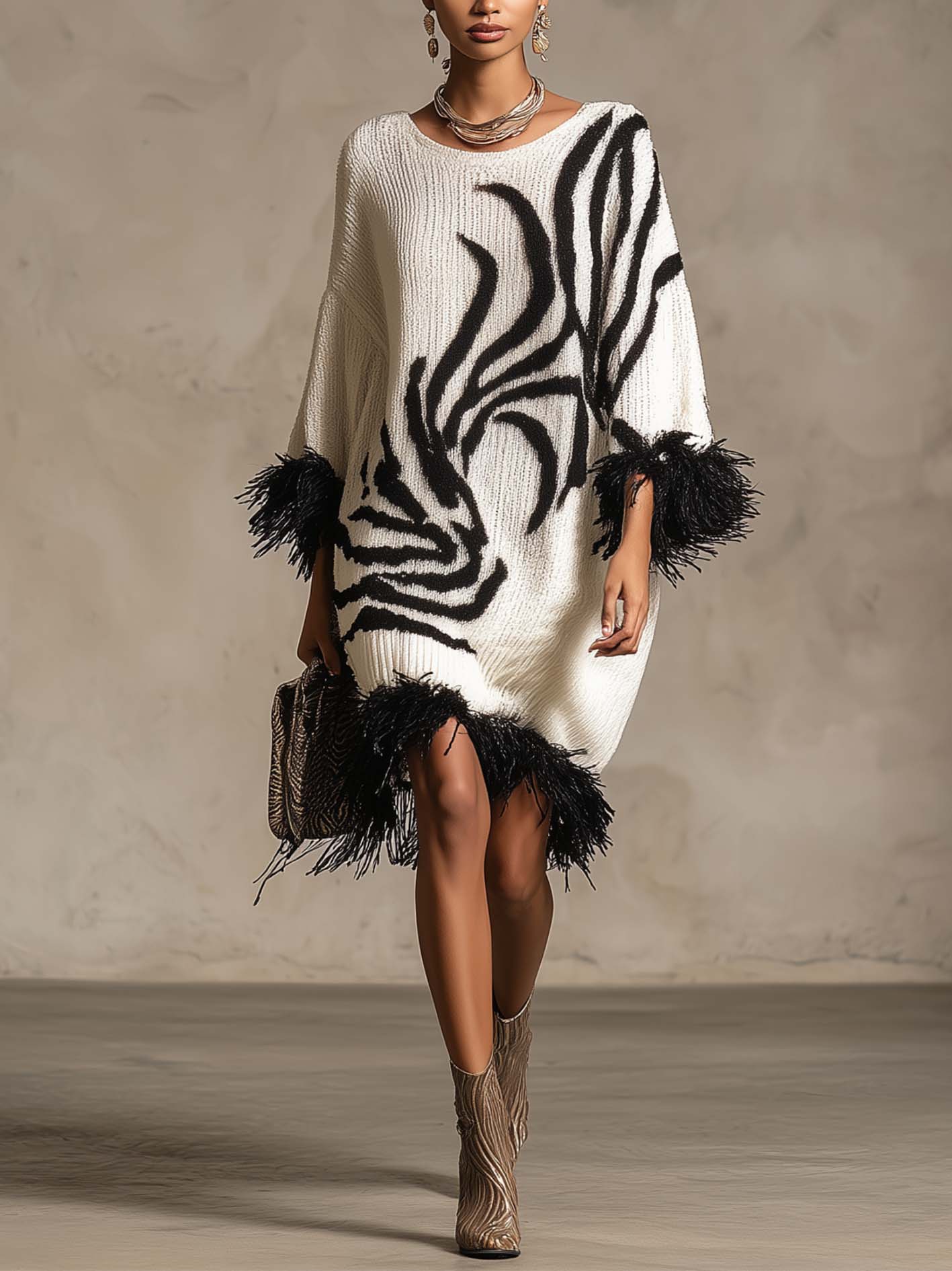White Abstract Black Pattern Knit Midi Dress With Faux Feather Trim