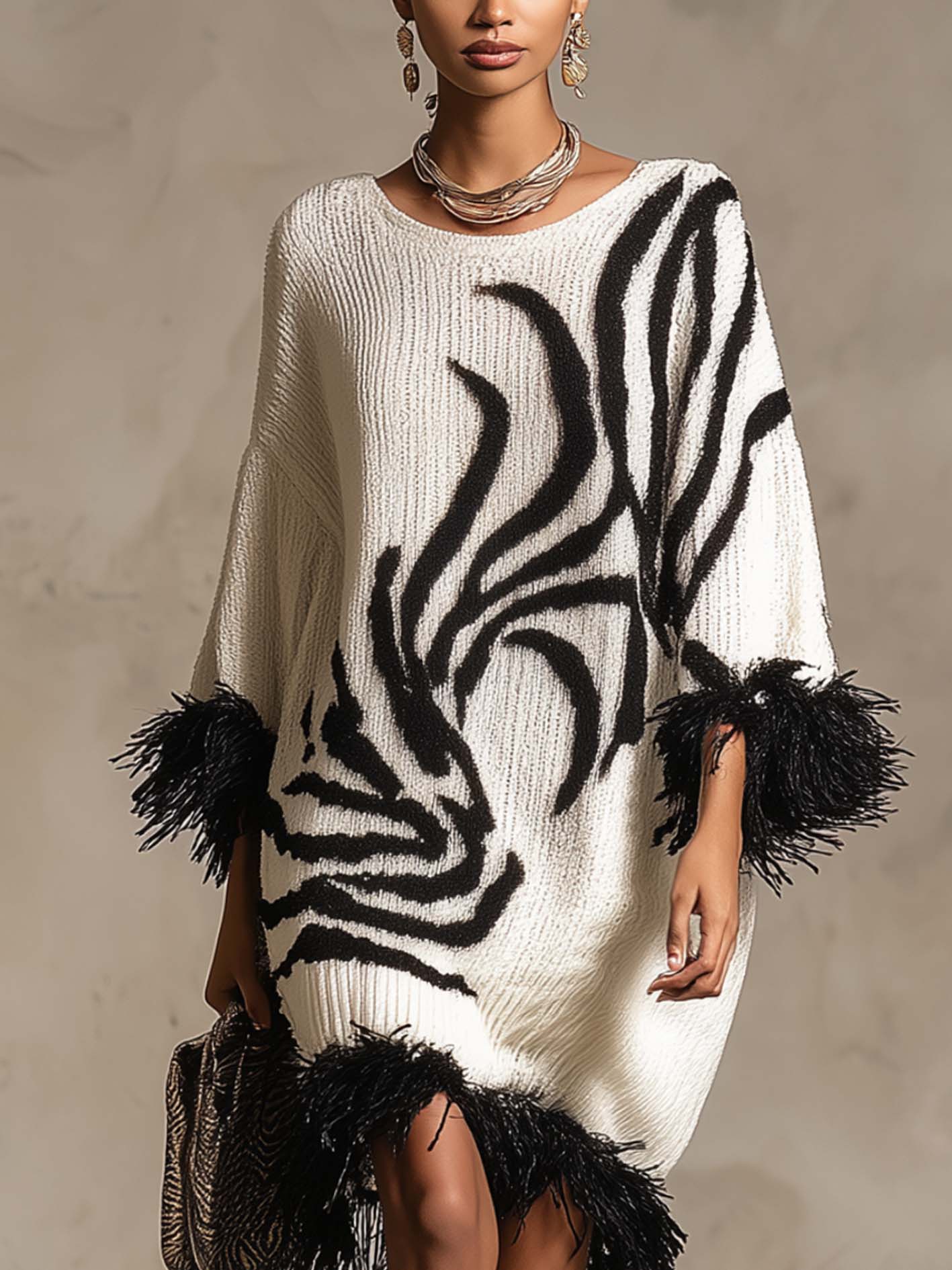 White Abstract Black Pattern Knit Midi Dress With Faux Feather Trim