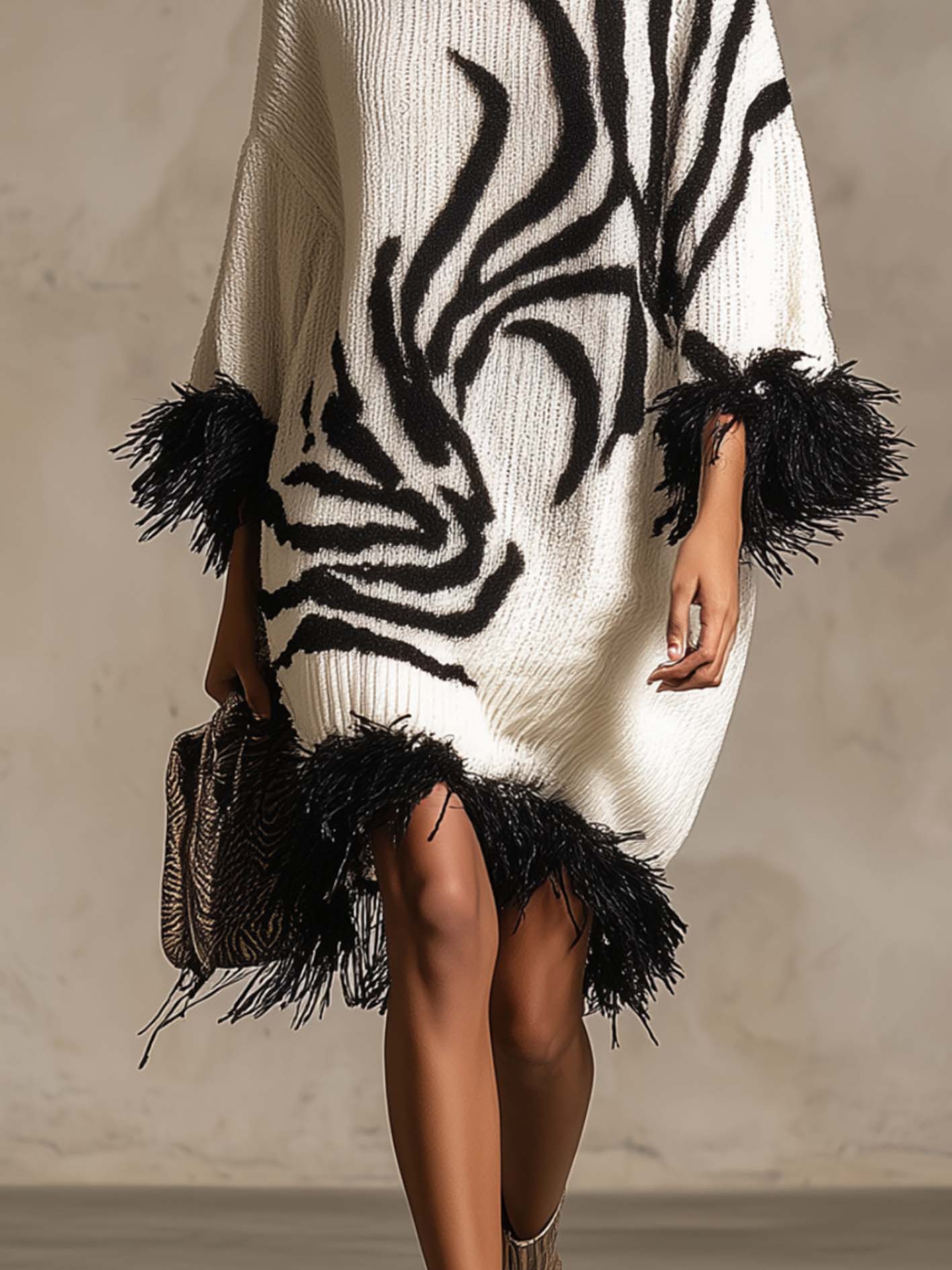 White Abstract Black Pattern Knit Midi Dress With Faux Feather Trim