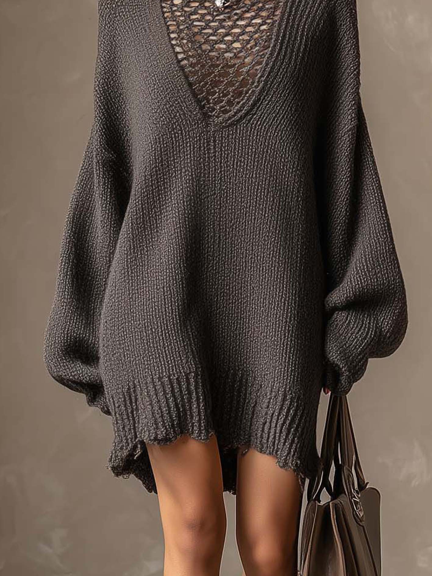 Gray Openwork Patchwork Knit Midi Dress With Balloon Sleeves