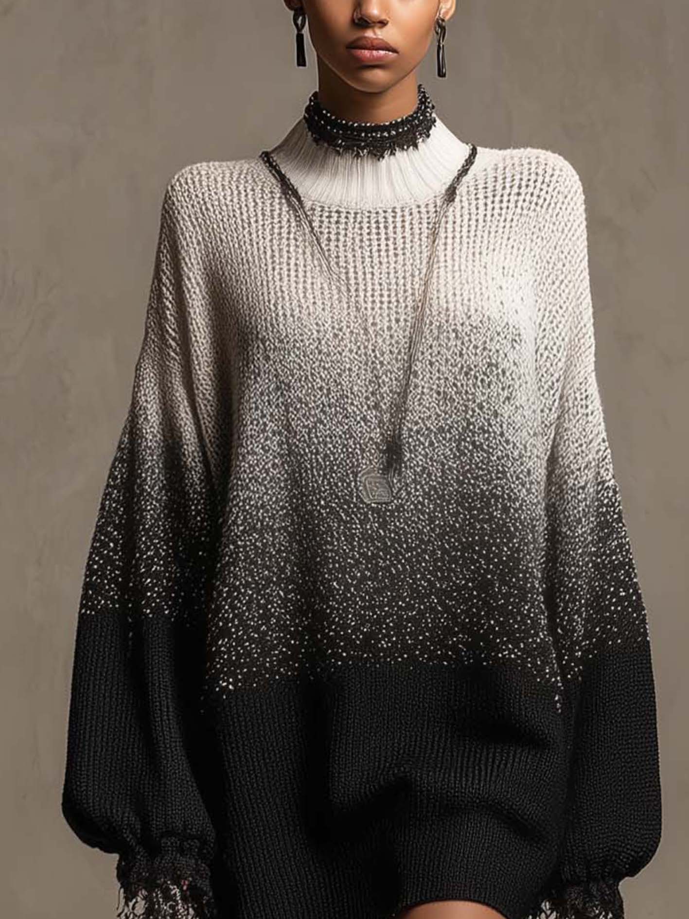 Black And Ivory Gradient Knit Mini Sweater Dress With Lace Trim