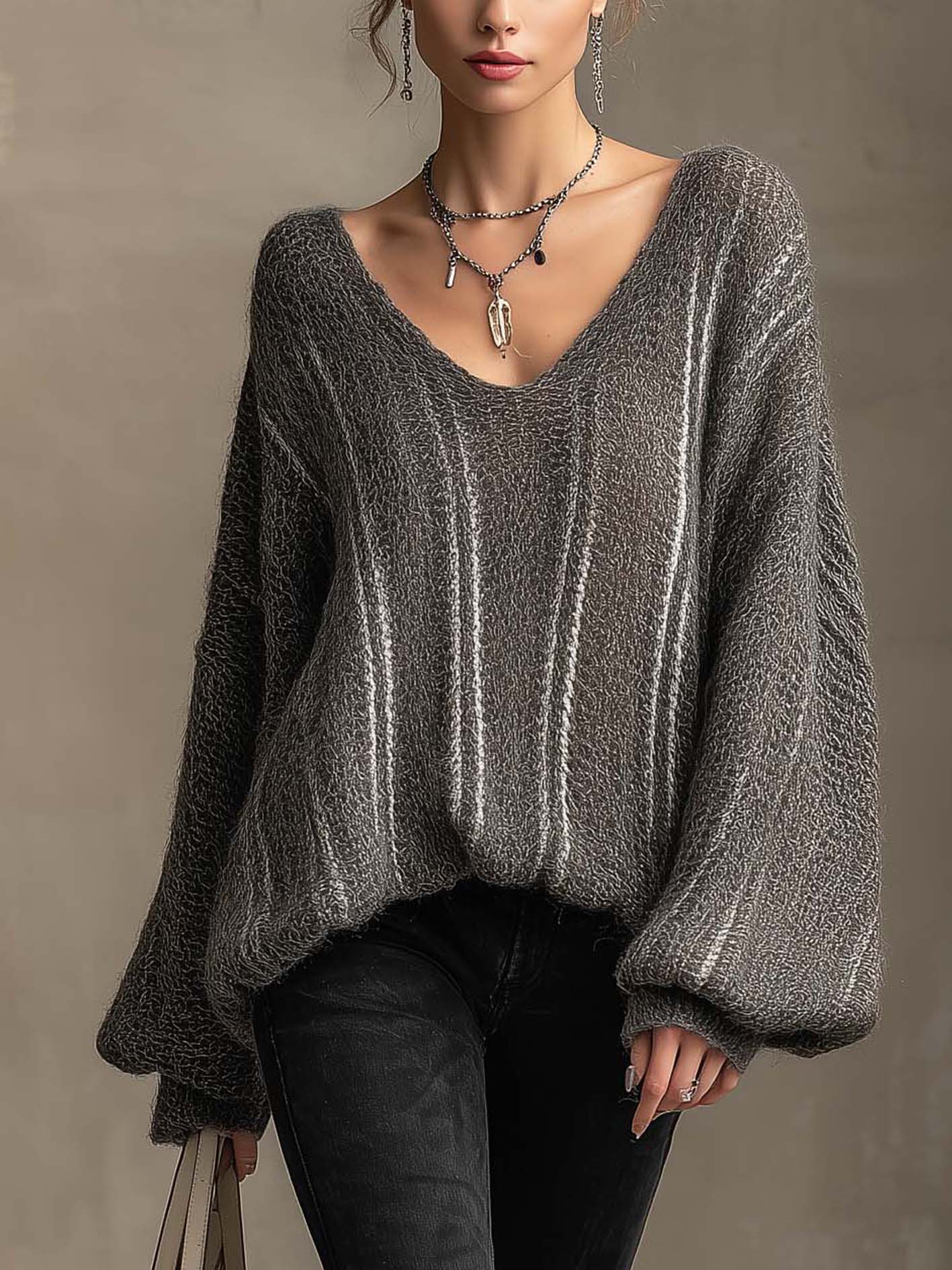 Charcoal Gray Fuzzy V-Neck Balloon Sleeve Sweater