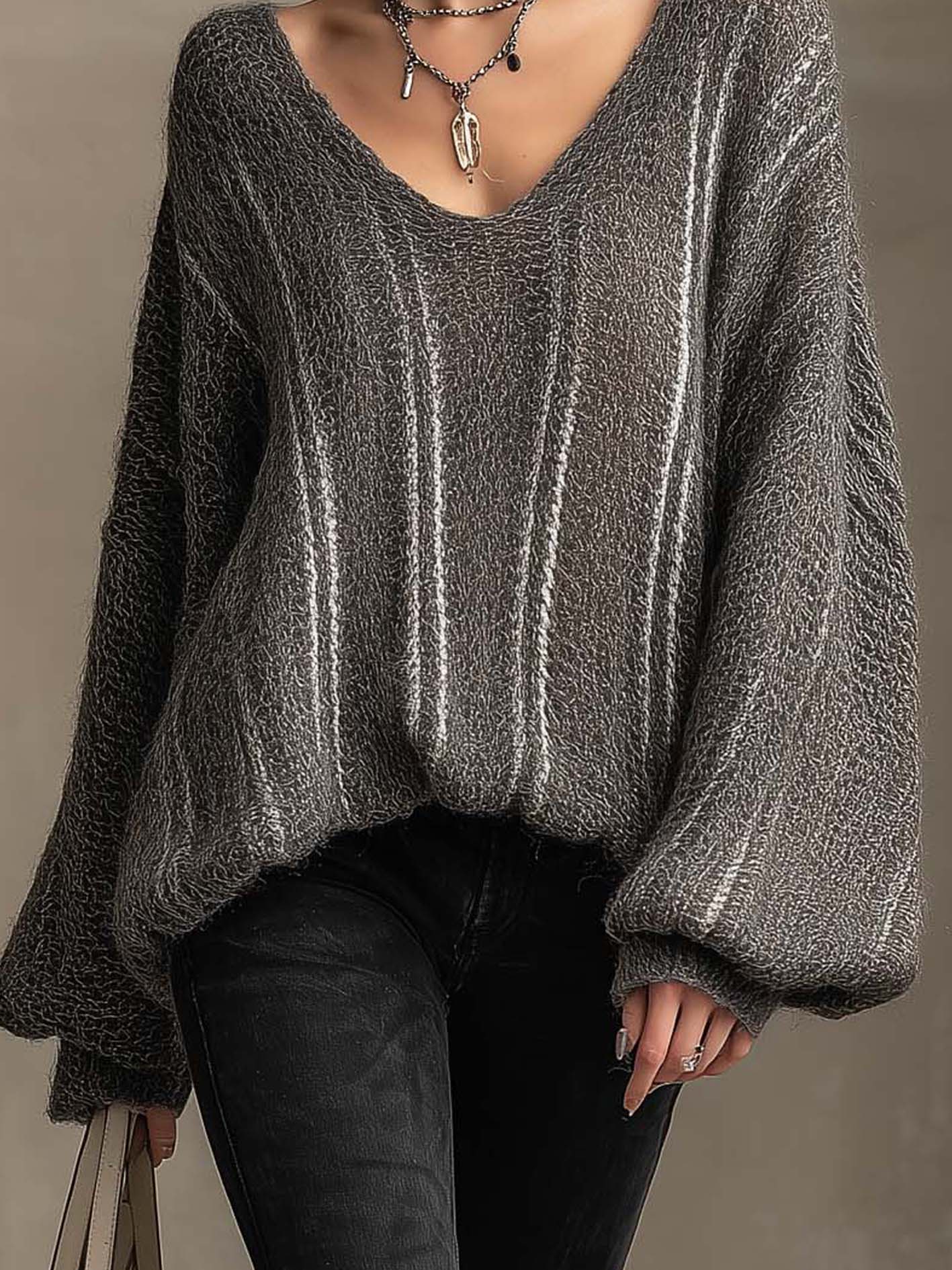 Charcoal Gray Fuzzy V-Neck Balloon Sleeve Sweater