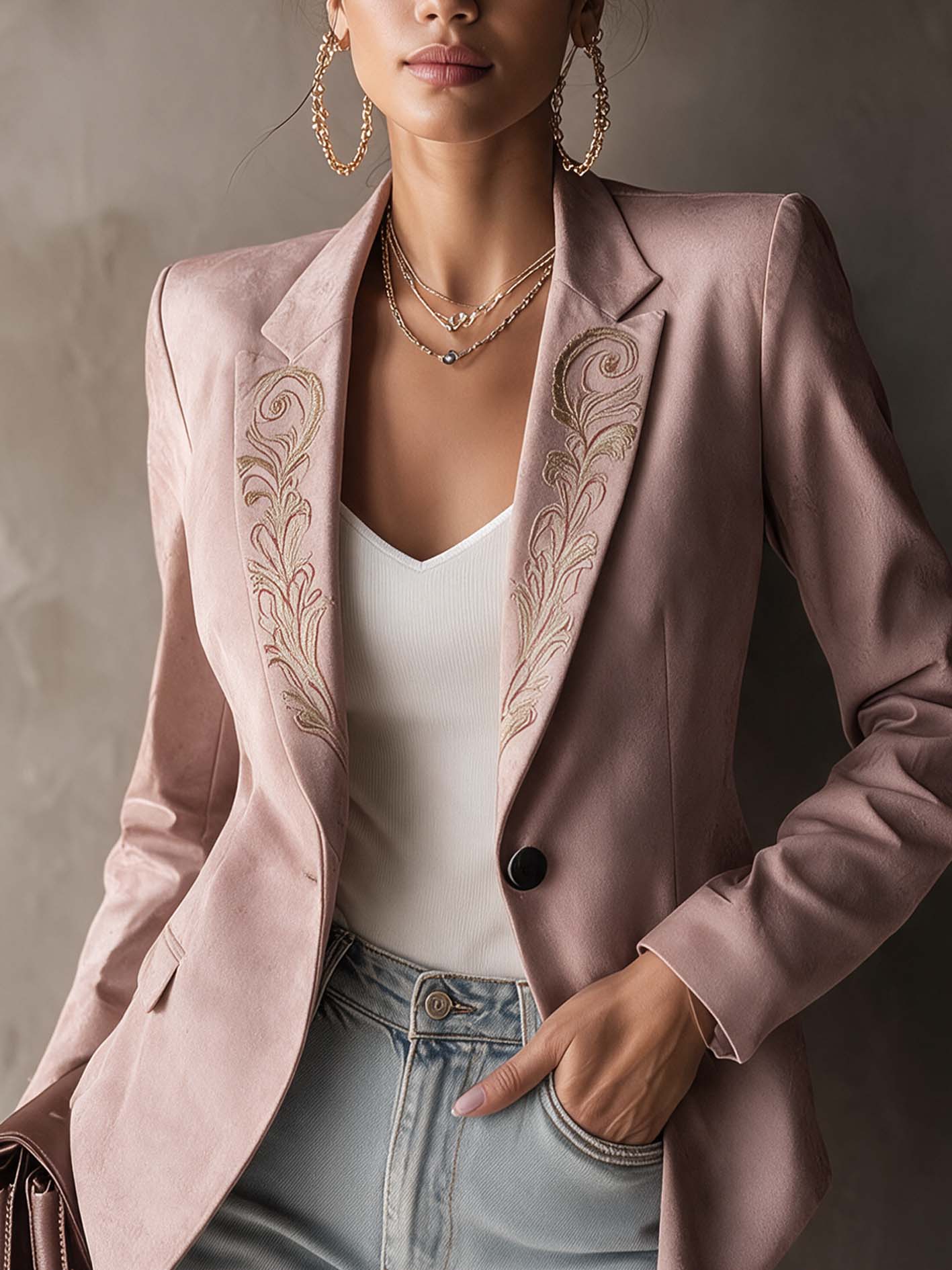 Dusty Pink Embroidered Tailored Blazer With Notched Lapel