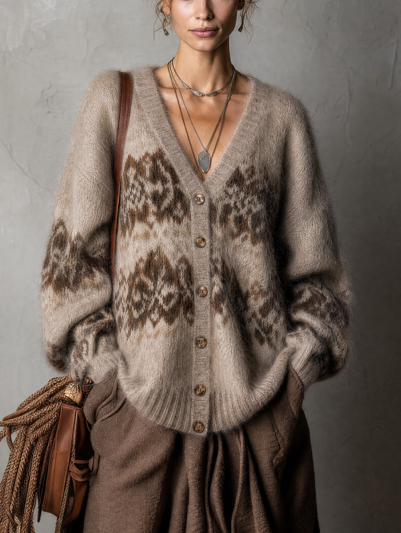 Taupe Fair Isle Fuzzy Knit V-Neck Cardigan