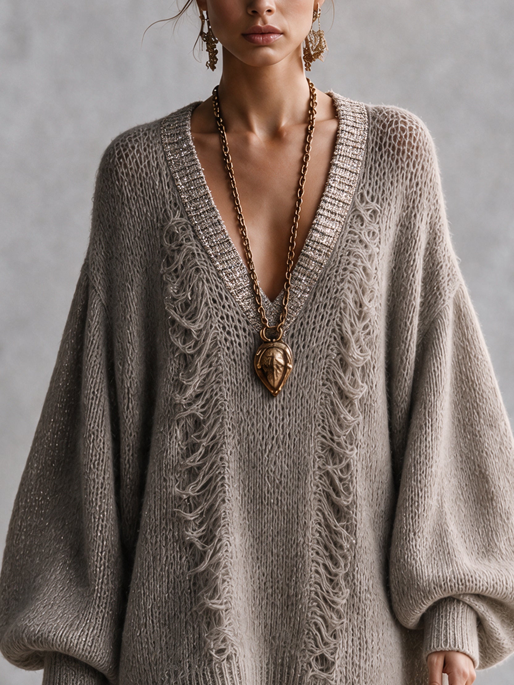 Taupe Shimmer Fringe Oversized Knit Mini Dress