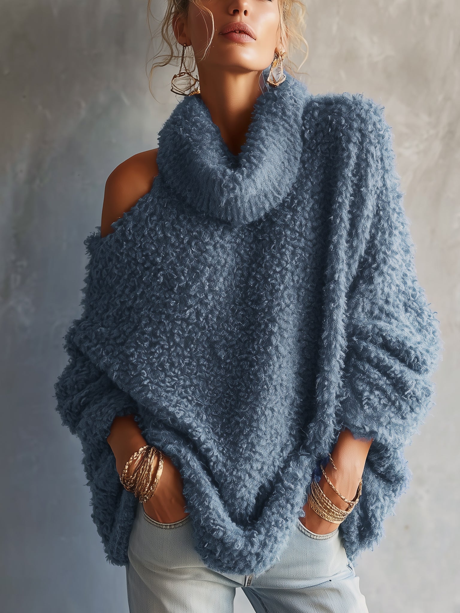 Blue Off Shoulder Oversized Knit Sweater