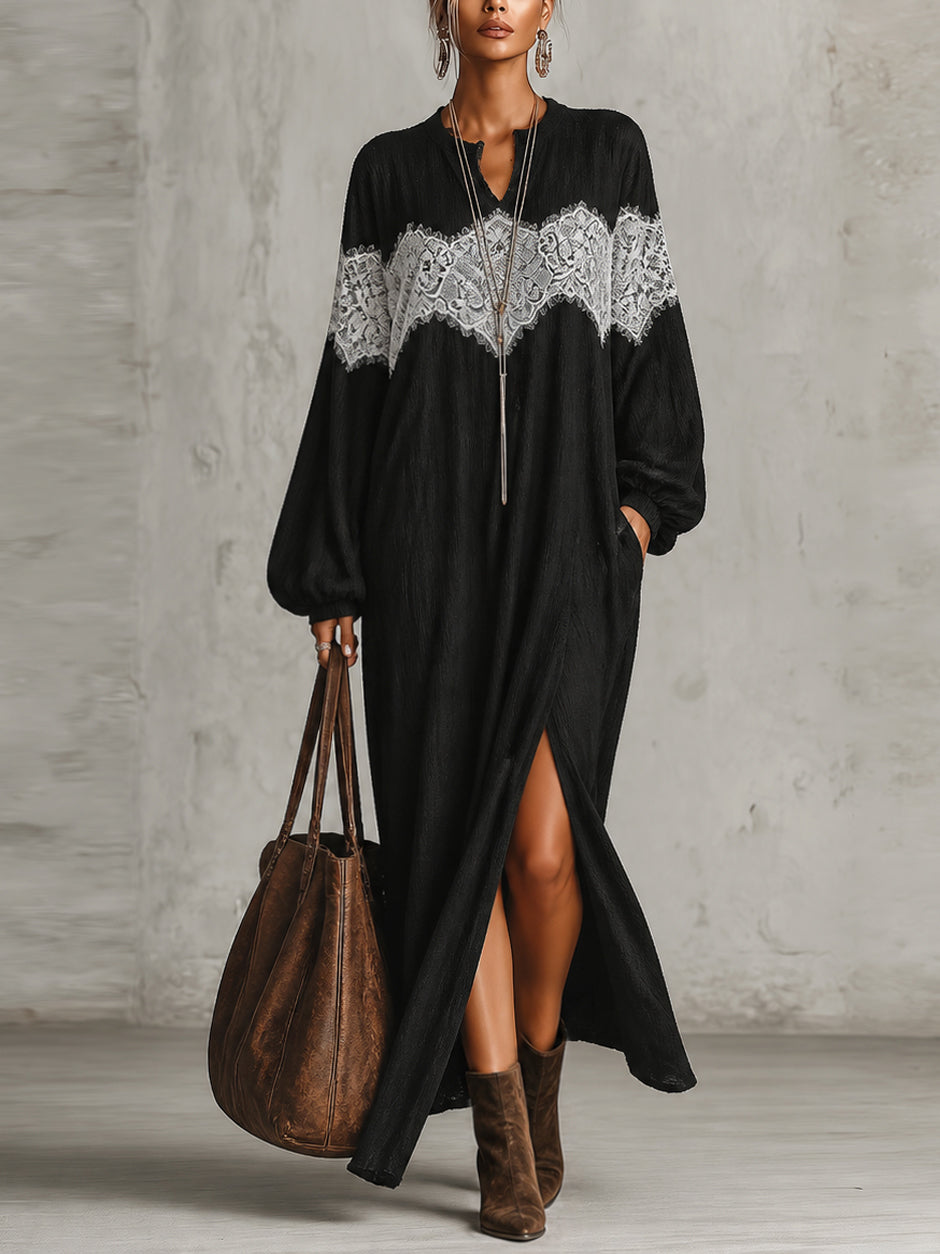 Black Lace Patchwork Slit Maxi Dress